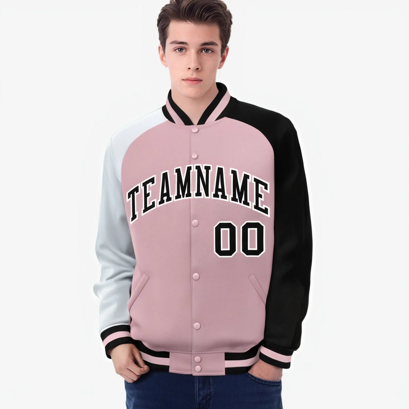 Custom Pink Black-White Raglan Sleeves Varsity Full-Snap Letterman Jacket