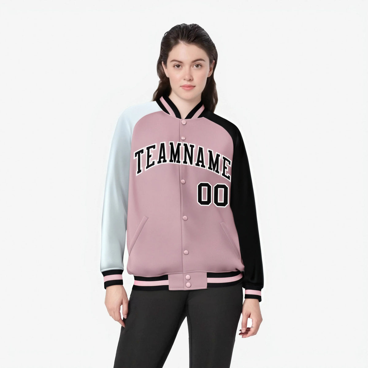 Custom Pink Black-White Raglan Sleeves Varsity Full-Snap Letterman Jacket