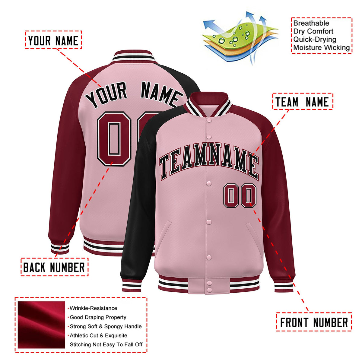 Custom Pink Crimson-Black Raglan Sleeves Varsity Full-Snap Letterman Jacket