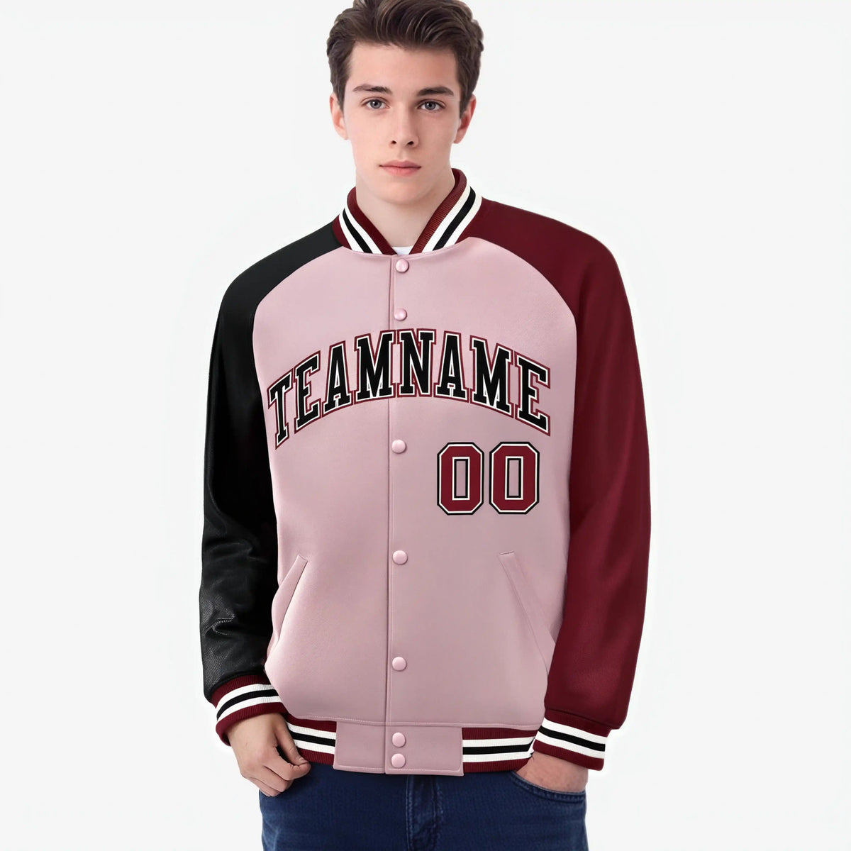 Custom Pink Crimson-Black Raglan Sleeves Varsity Full-Snap Letterman Jacket