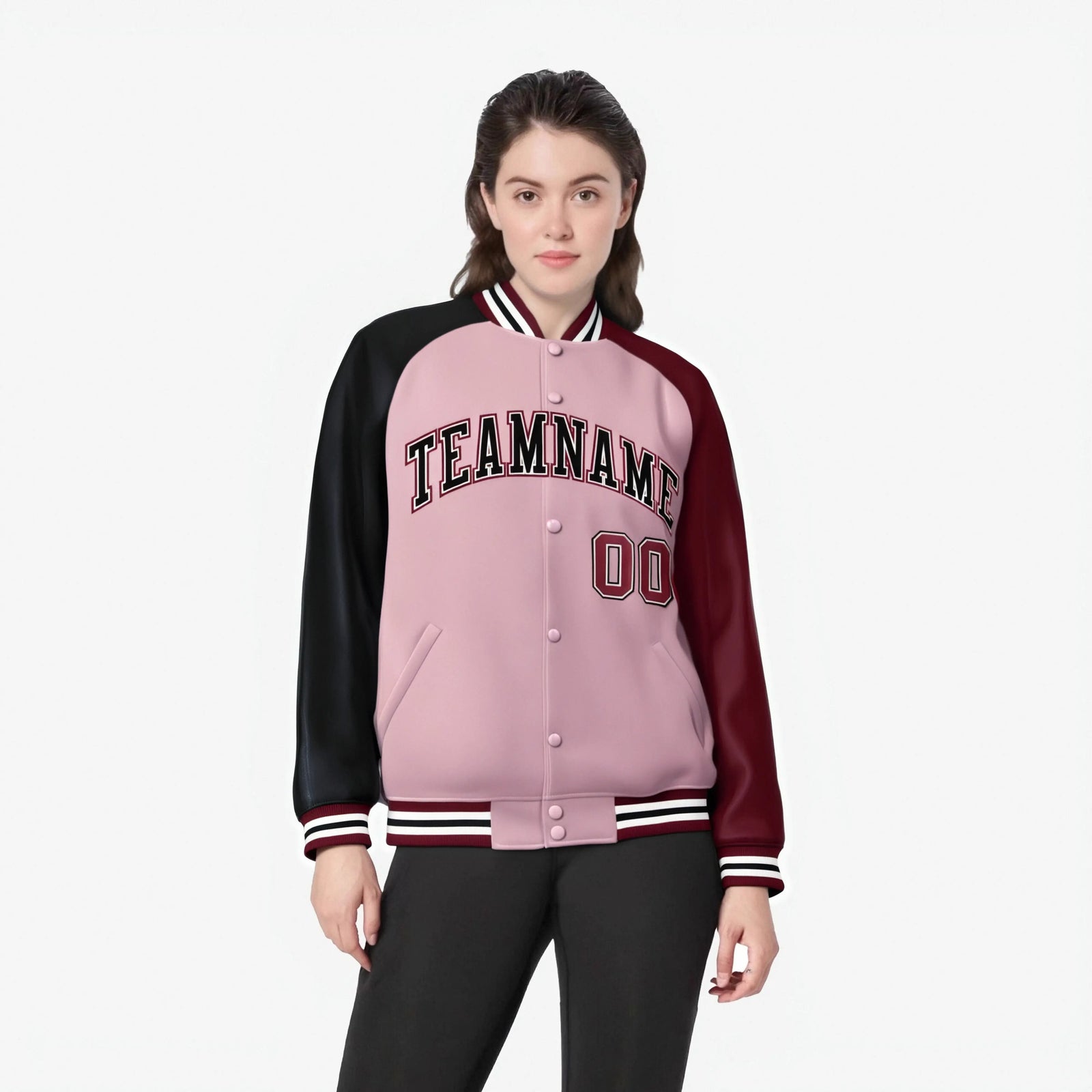 Custom Pink Crimson-Black Raglan Sleeves Varsity Full-Snap Letterman Jacket