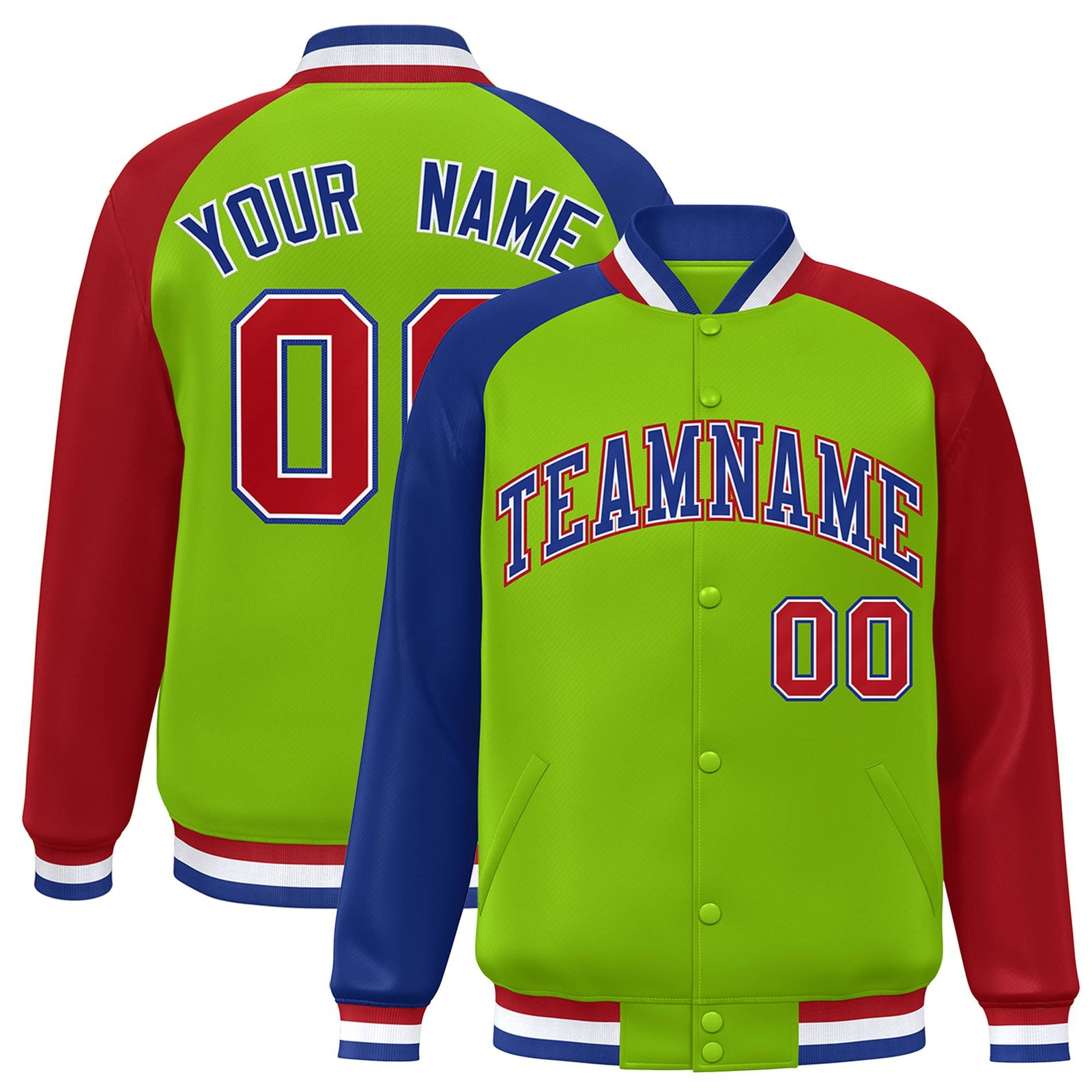 Custom Neon Green Red-Royal Blue Raglan Sleeves Varsity Full-Snap Letterman Jacket