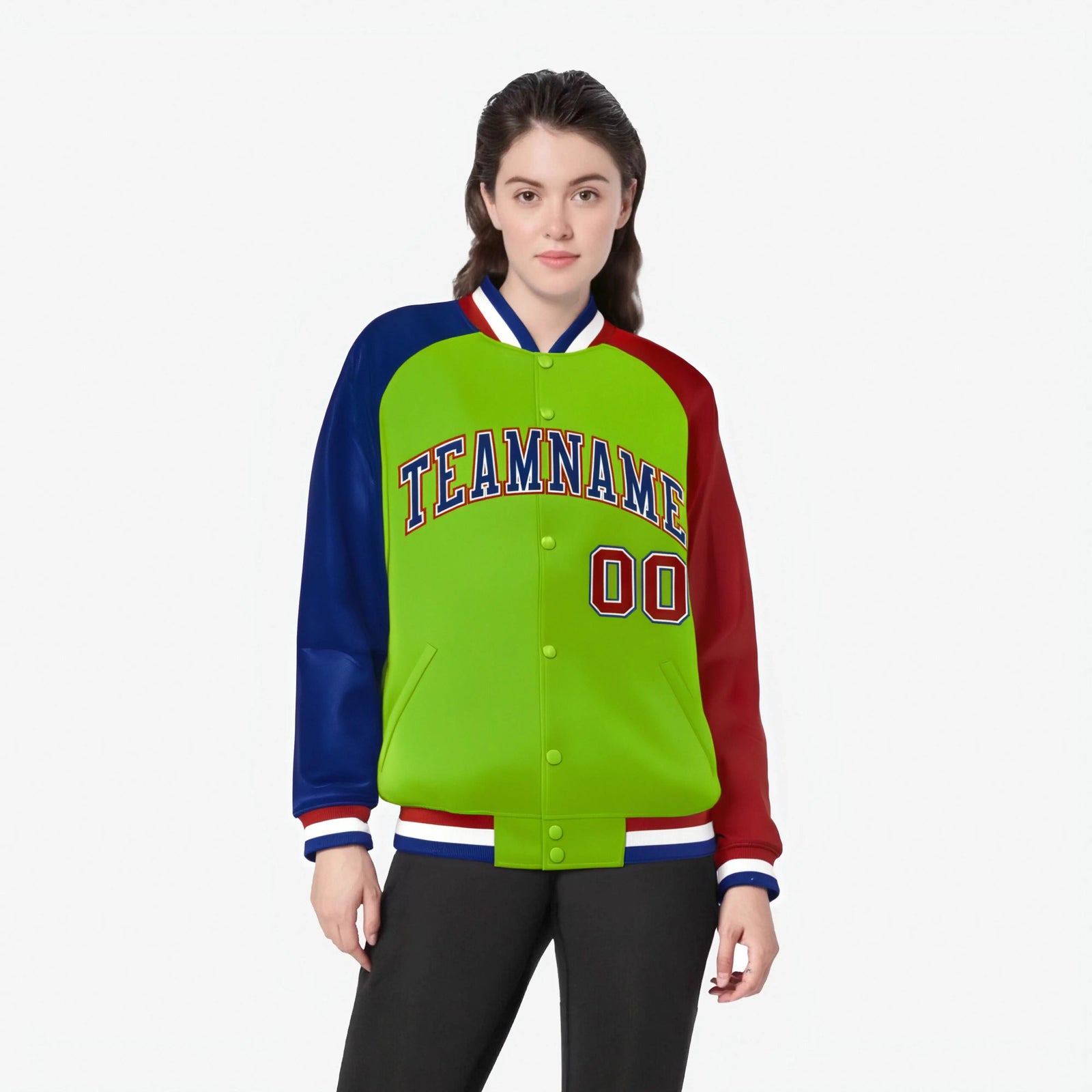 Custom Neon Green Red-Royal Blue Raglan Sleeves Varsity Full-Snap Letterman Jacket