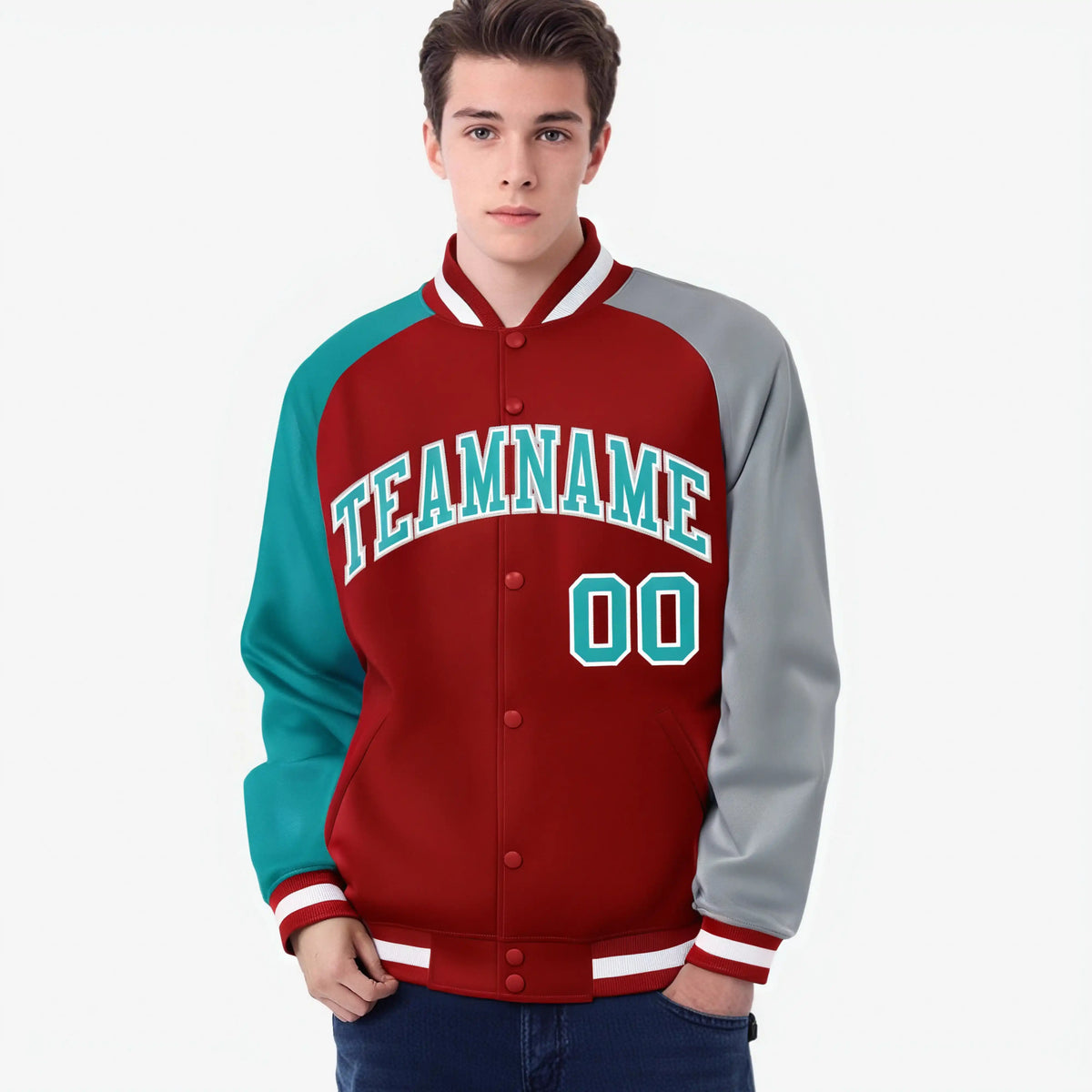 Custom Red Gray-Aqua Raglan Sleeves Varsity Full-Snap Letterman Jacket