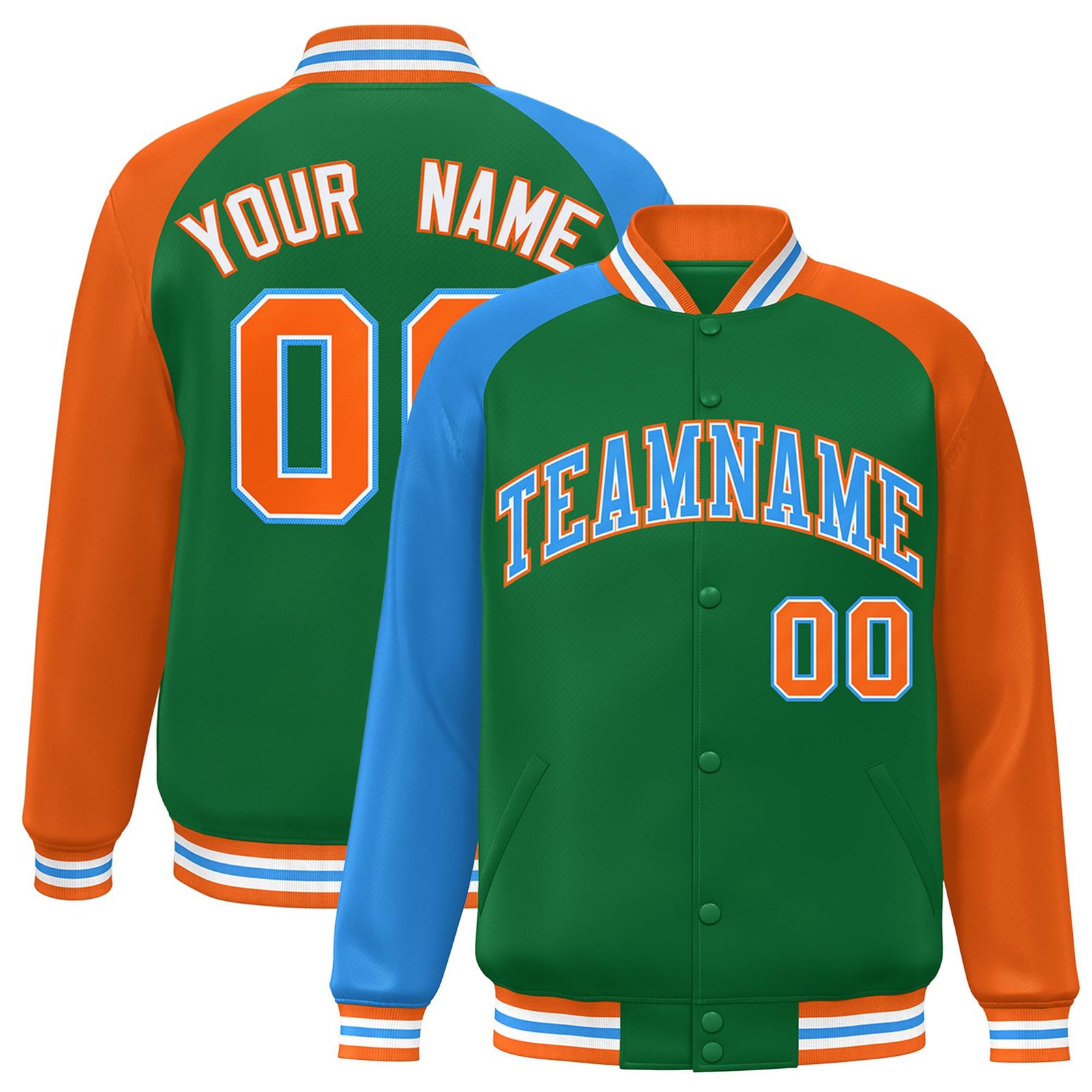 Custom Kelly Green Orange-Powder Blue Raglan Sleeves Varsity Full-Snap Letterman Jacket