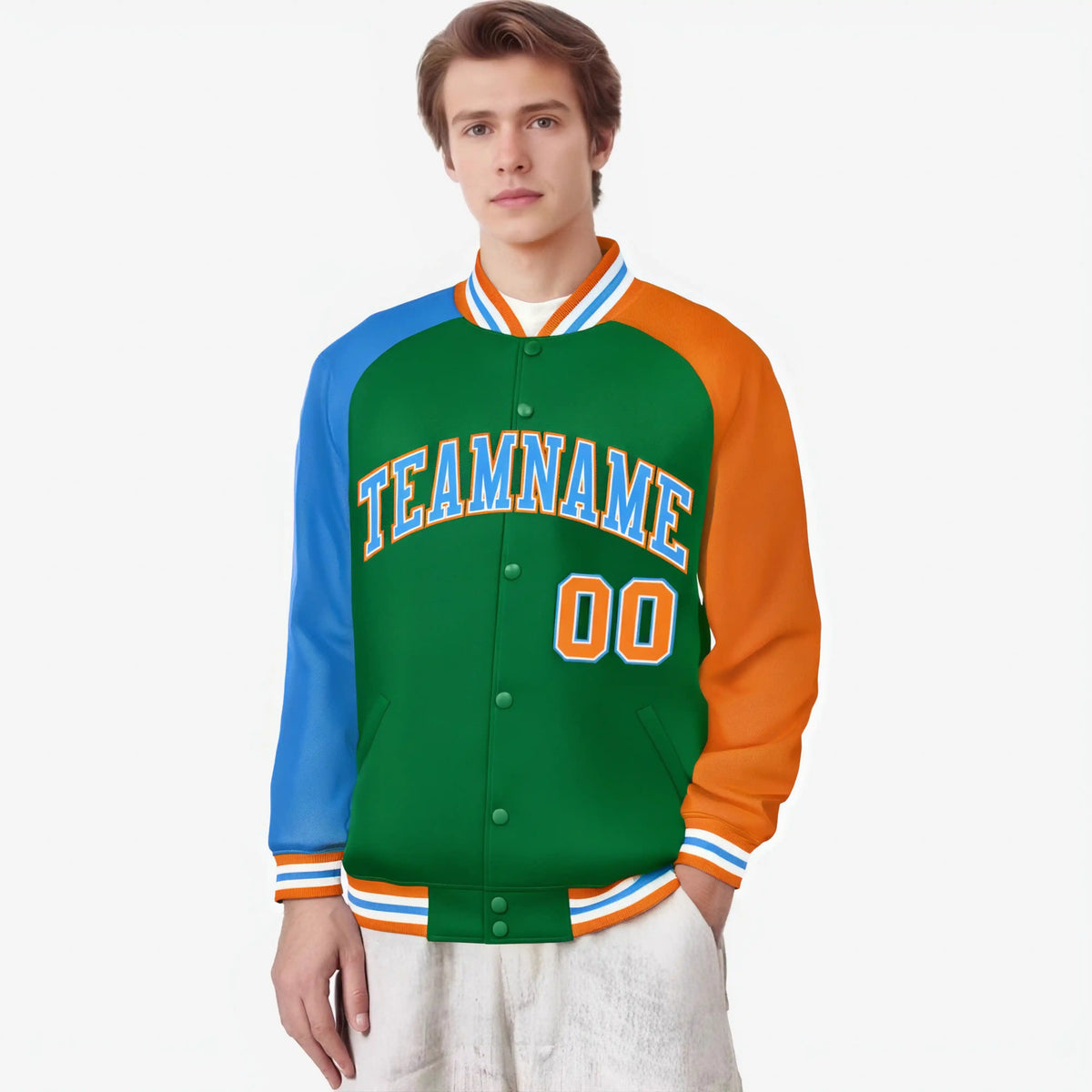 Custom Kelly Green Orange-Powder Blue Raglan Sleeves Varsity Full-Snap Letterman Jacket