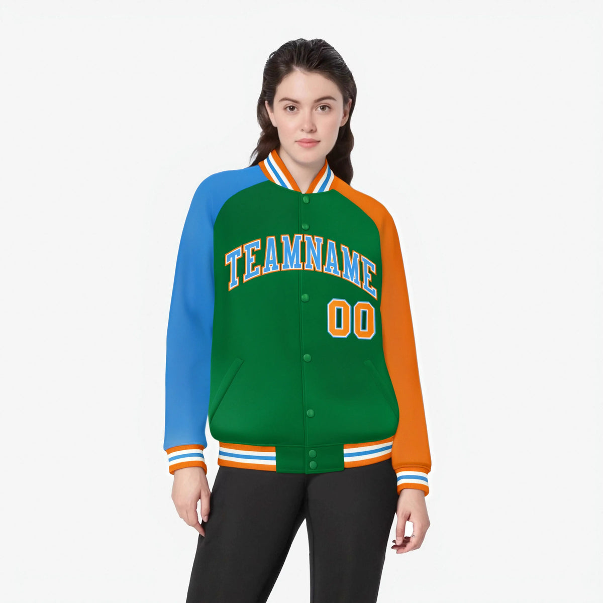 Custom Kelly Green Orange-Powder Blue Raglan Sleeves Varsity Full-Snap Letterman Jacket
