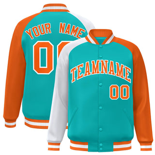 Chaqueta universitaria con cierre de presión completo, mangas raglán, color naranja aguamarina y blanco, personalizada - Estilo 1