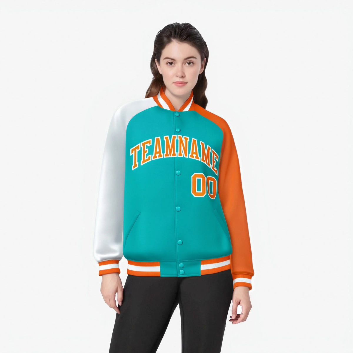 Custom Aqua Orange-White Raglan Sleeves Varsity Full-Snap Letterman Jacket