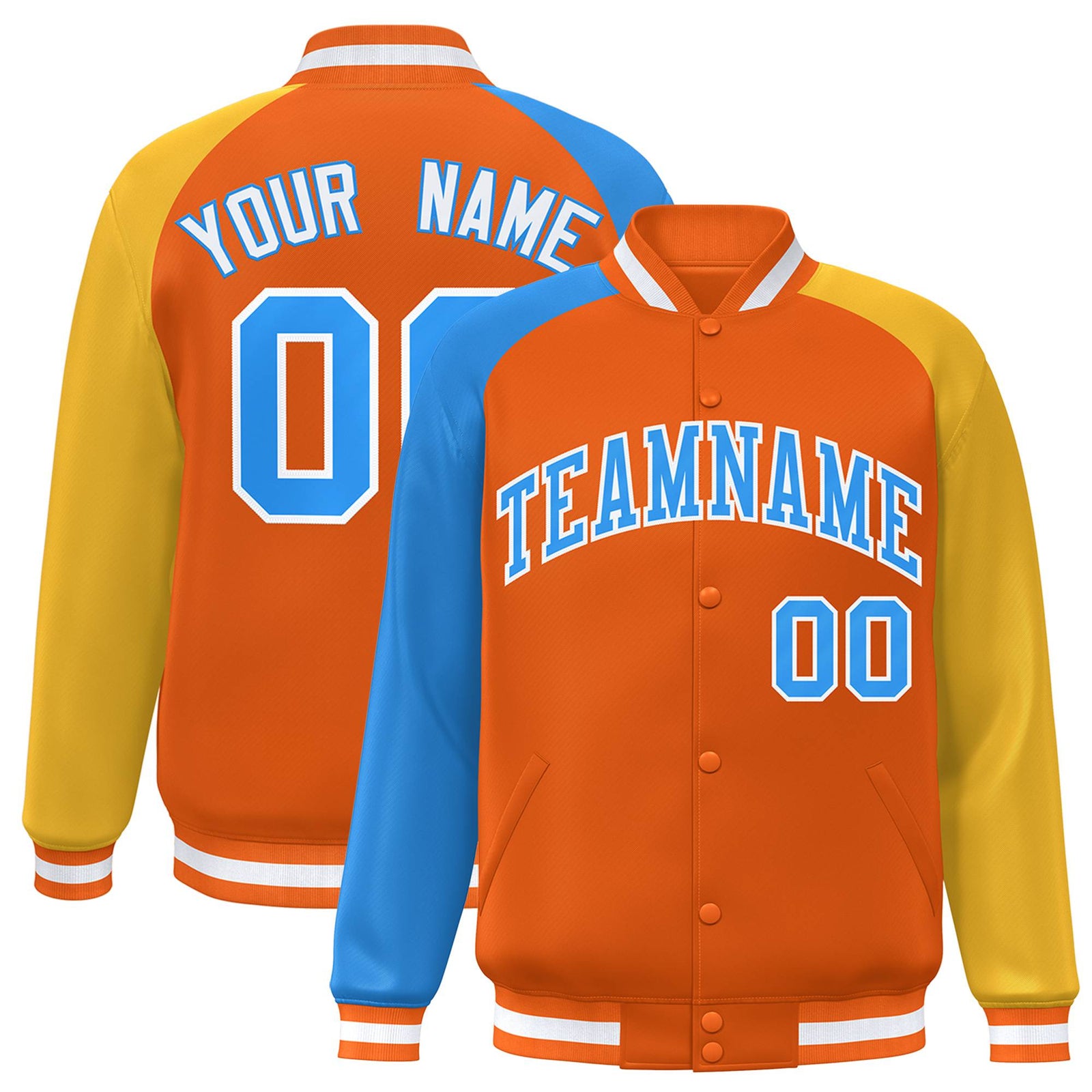 Custom Orange Gold-Powder Blue Raglan Sleeves Varsity Full-Snap Letterman Jacket
