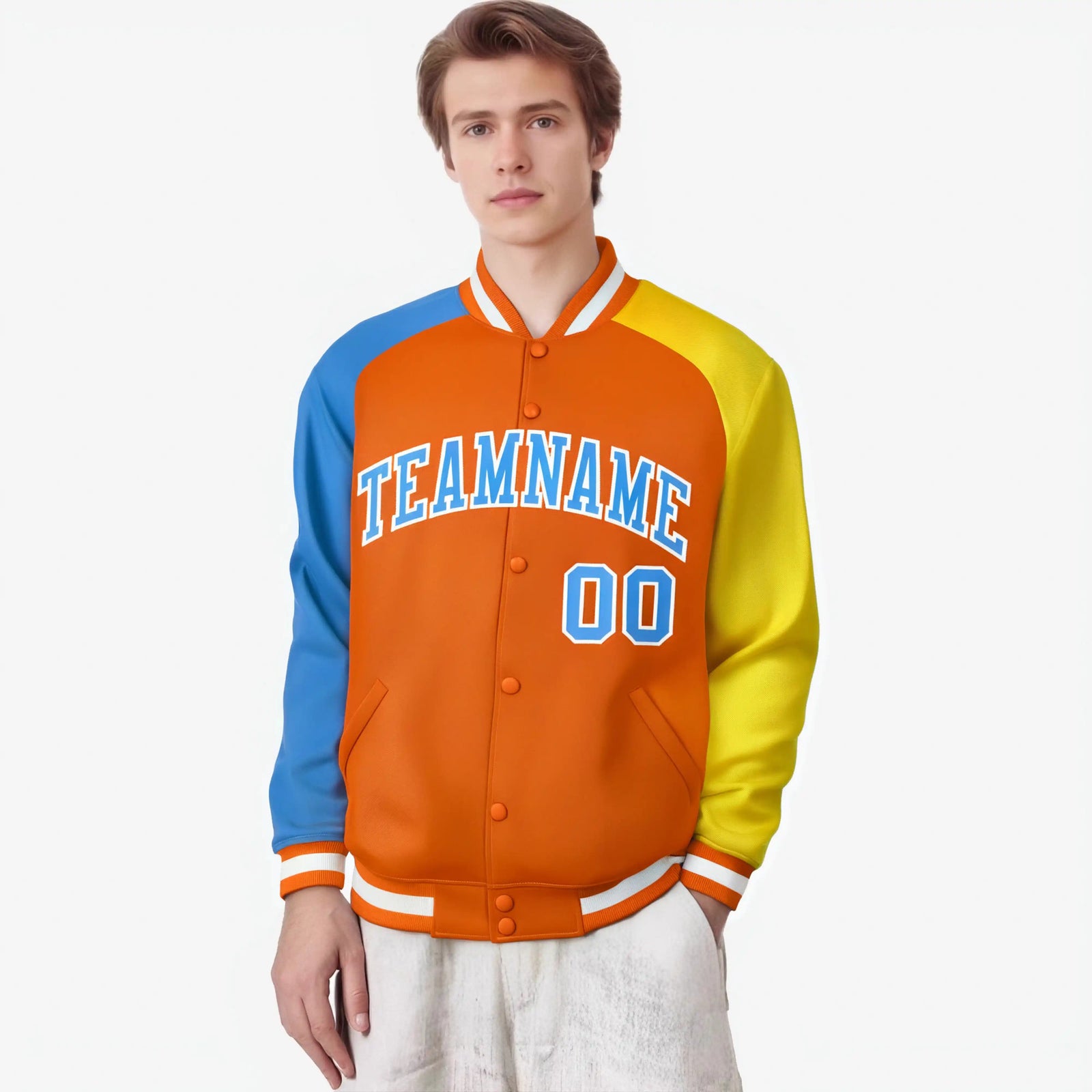 Custom Orange Gold-Powder Blue Raglan Sleeves Varsity Full-Snap Letterman Jacket