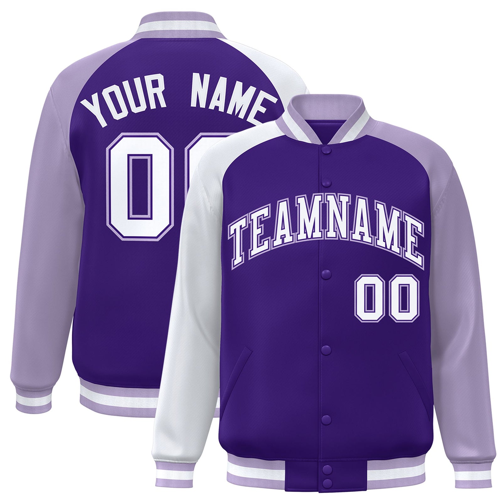 Custom Purple Light Purple-White Raglan Sleeves Varsity Full-Snap Letterman Jacket