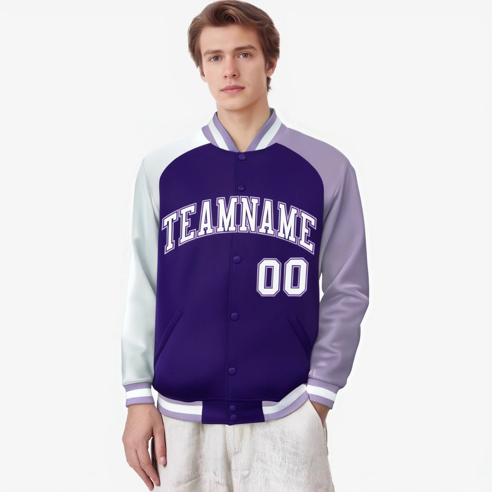 Custom Purple Light Purple-White Raglan Sleeves Varsity Full-Snap Letterman Jacket
