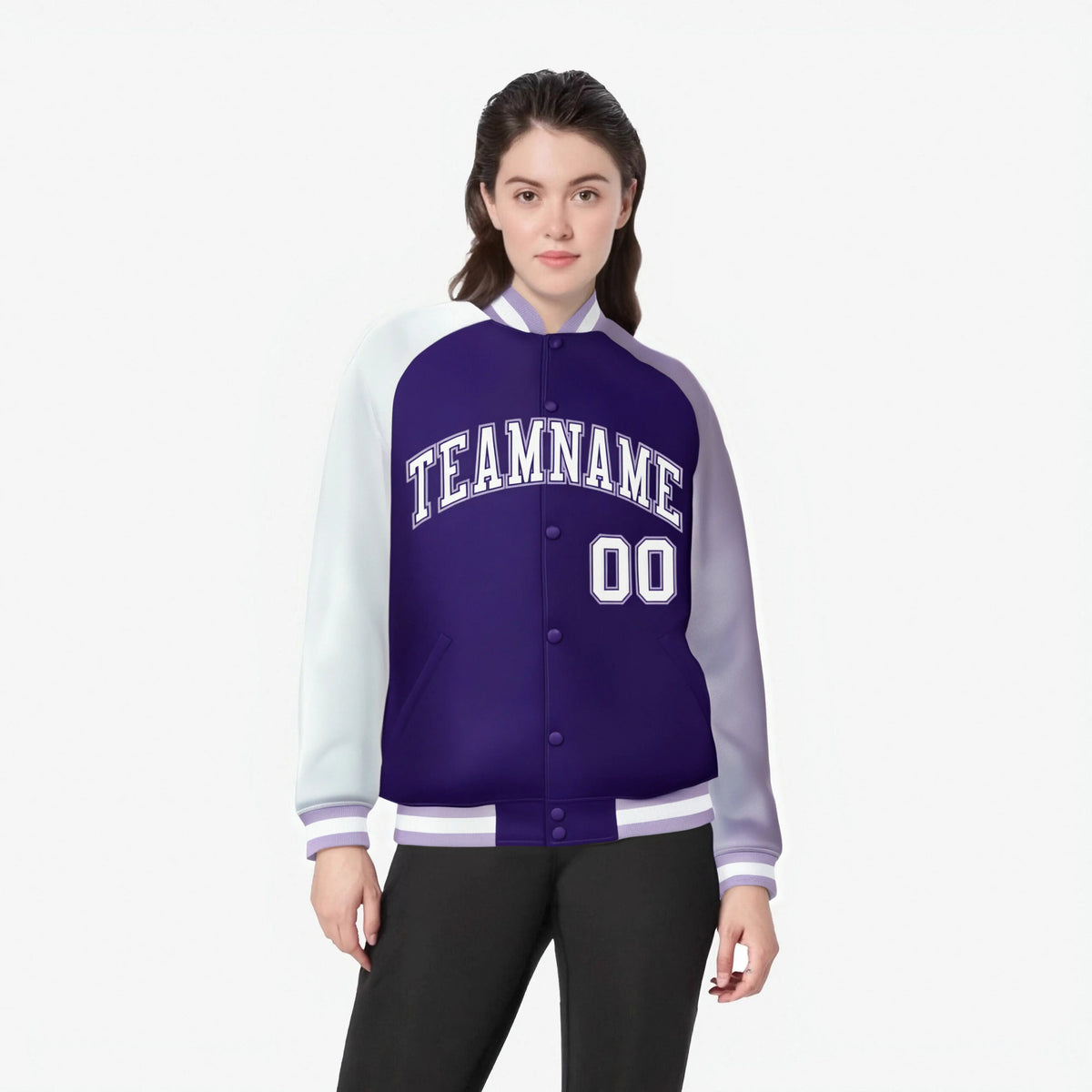 Custom Purple Light Purple-White Raglan Sleeves Varsity Full-Snap Letterman Jacket