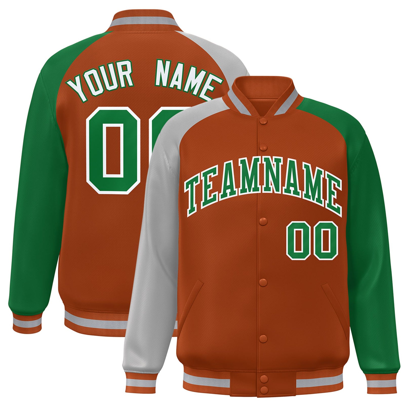 Custom Munsell Kelly Green-Gray Raglan Sleeves Varsity Full-Snap Letterman Jacket
