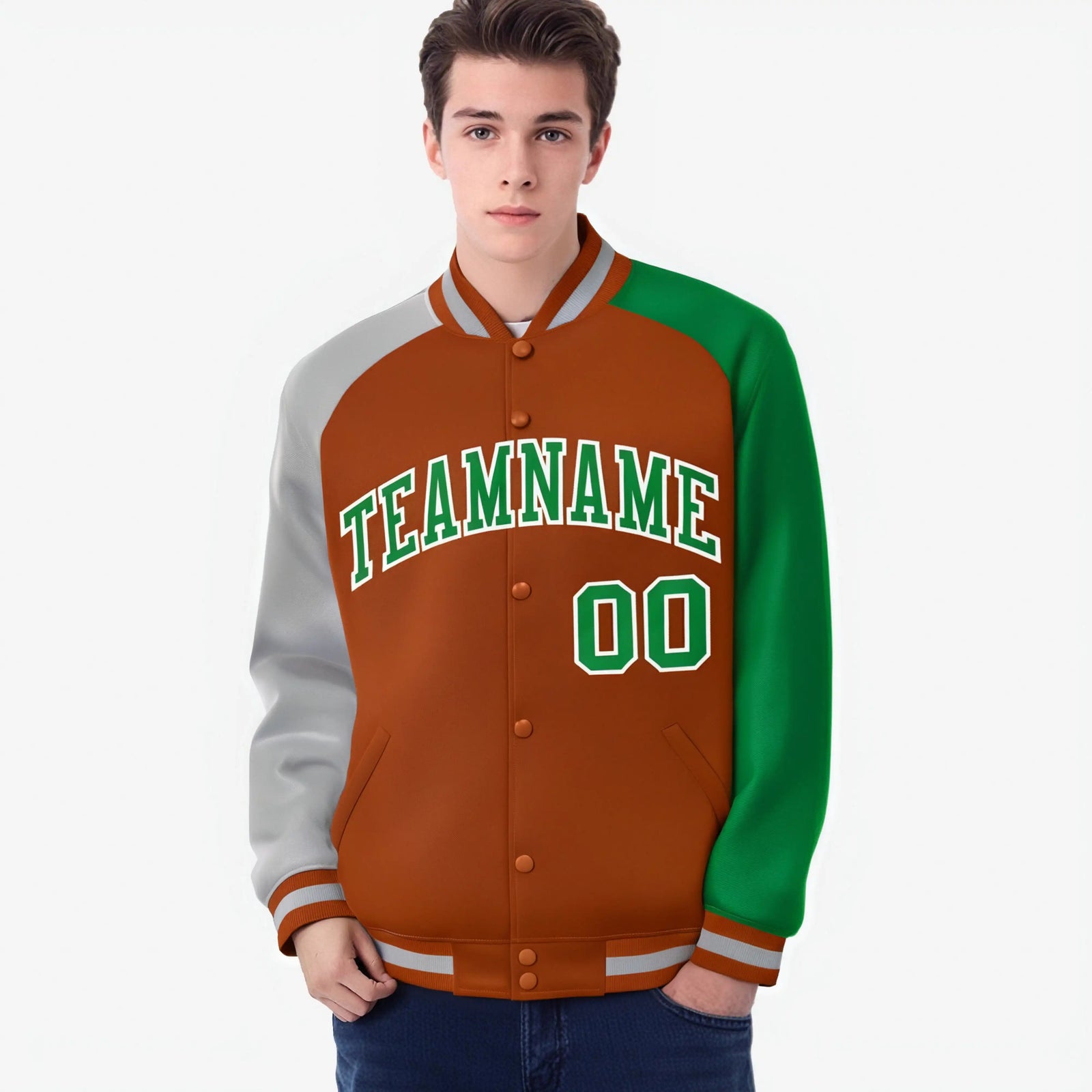 Custom Munsell Kelly Green-Gray Raglan Sleeves Varsity Full-Snap Letterman Jacket