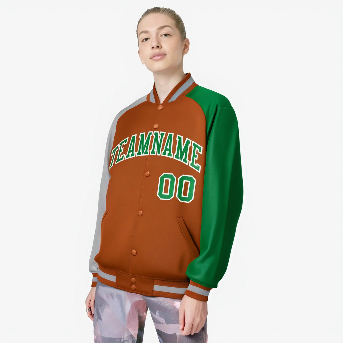 Custom Munsell Kelly Green-Gray Raglan Sleeves Varsity Full-Snap Letterman Jacket