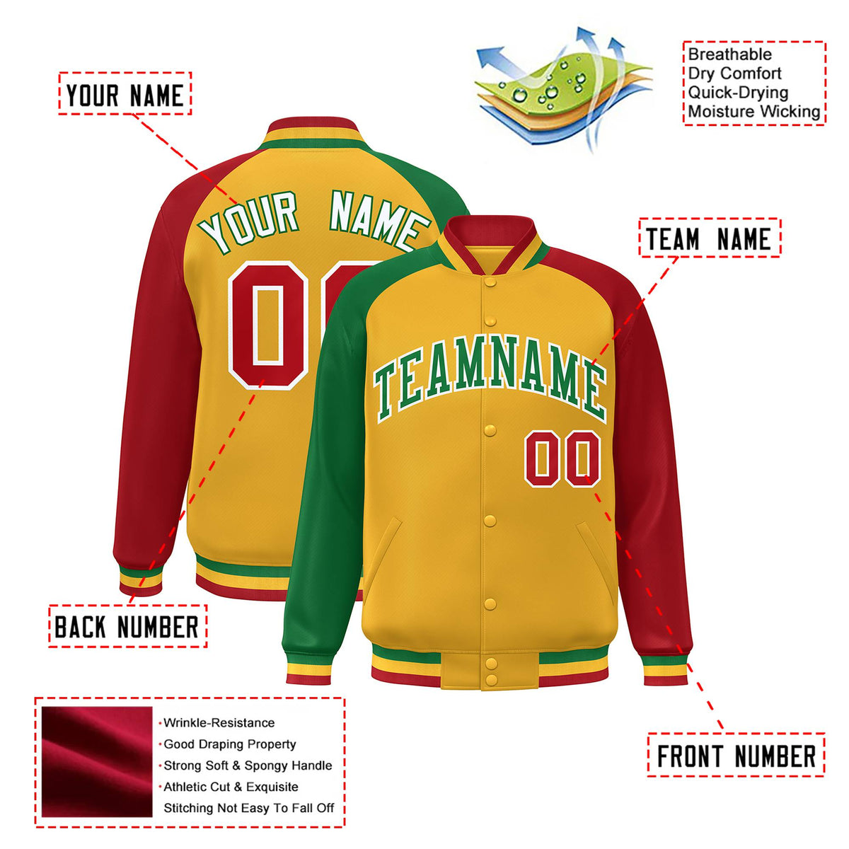 Custom Gold Red-Kelly Green Raglan Sleeves Varsity Full-Snap Letterman Jacket