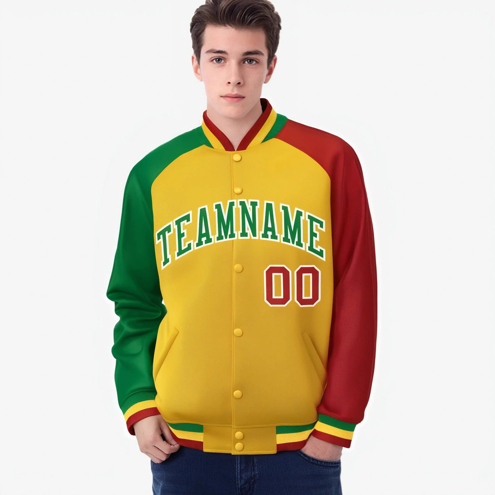 Custom Gold Red-Kelly Green Raglan Sleeves Varsity Full-Snap Letterman Jacket