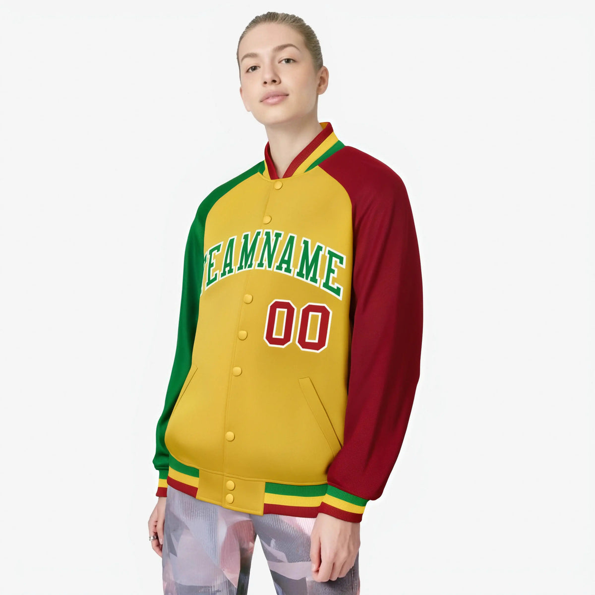 Custom Gold Red-Kelly Green Raglan Sleeves Varsity Full-Snap Letterman Jacket