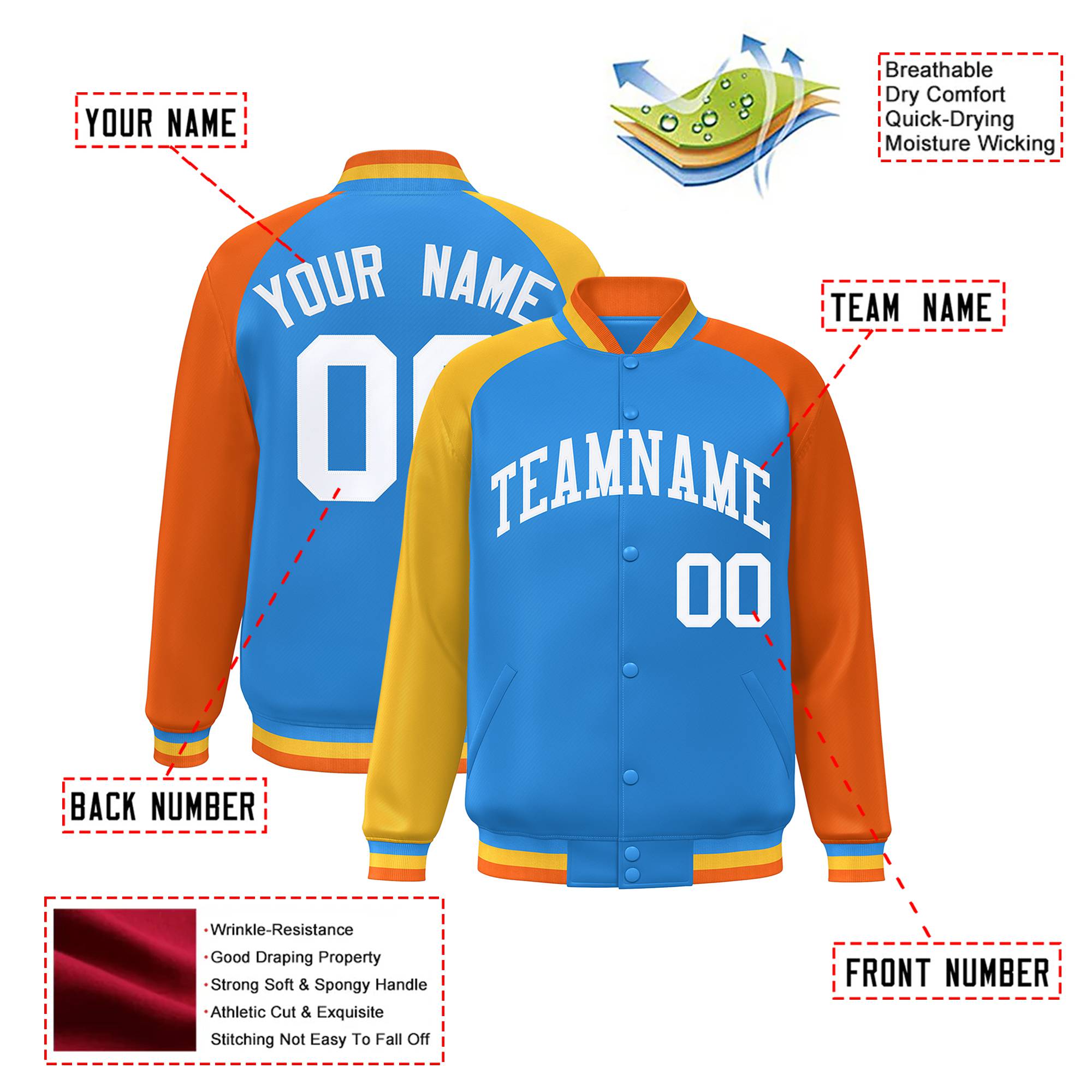 Custom Powder Blue Orange-Gold Raglan Sleeves Varsity Full-Snap Letterman Jacket