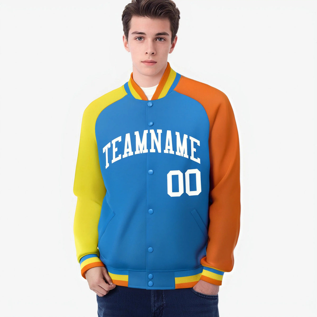Custom Powder Blue Orange-Gold Raglan Sleeves Varsity Full-Snap Letterman Jacket