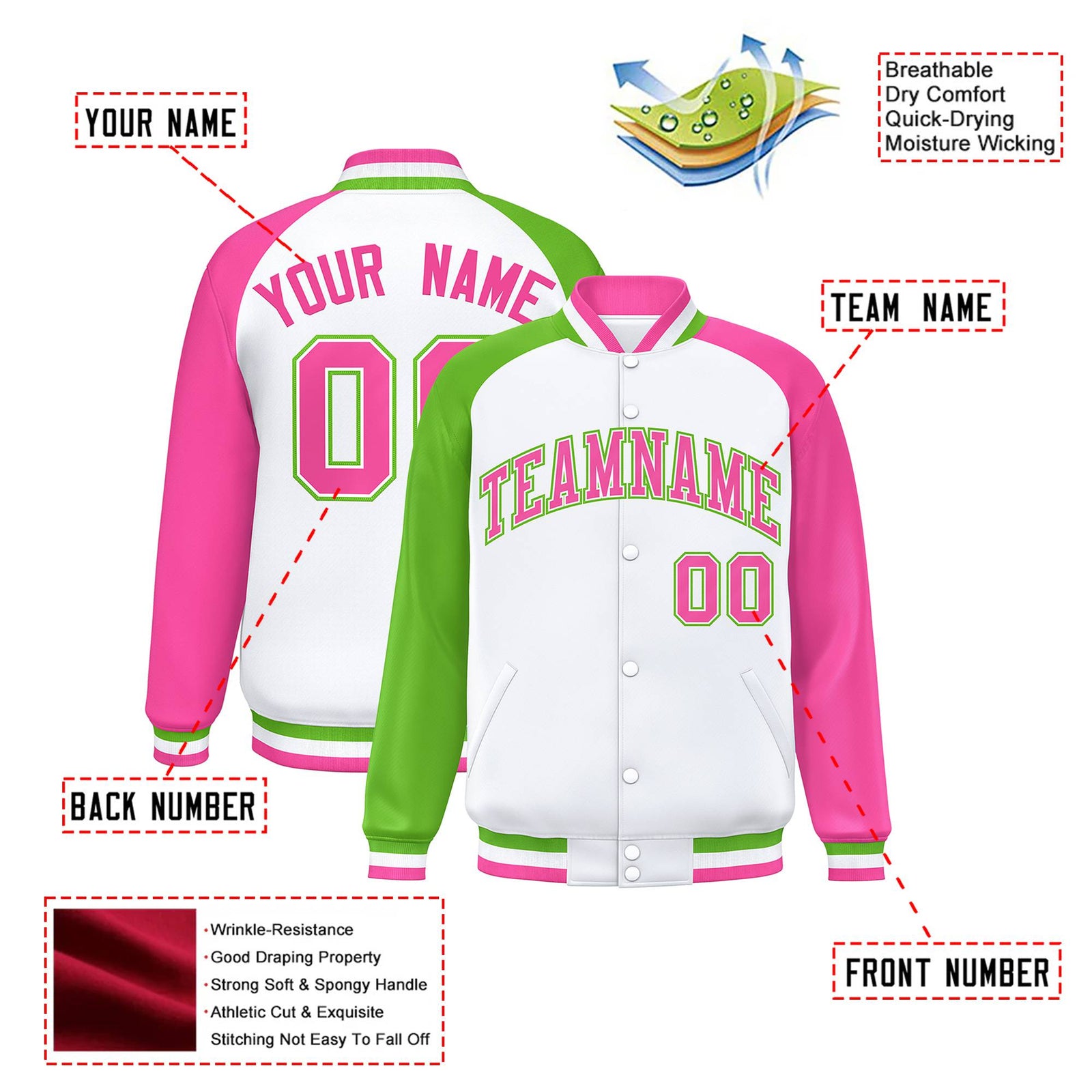 Custom White Pink-Neon Green Raglan Sleeves Varsity Full-Snap Letterman Jacket