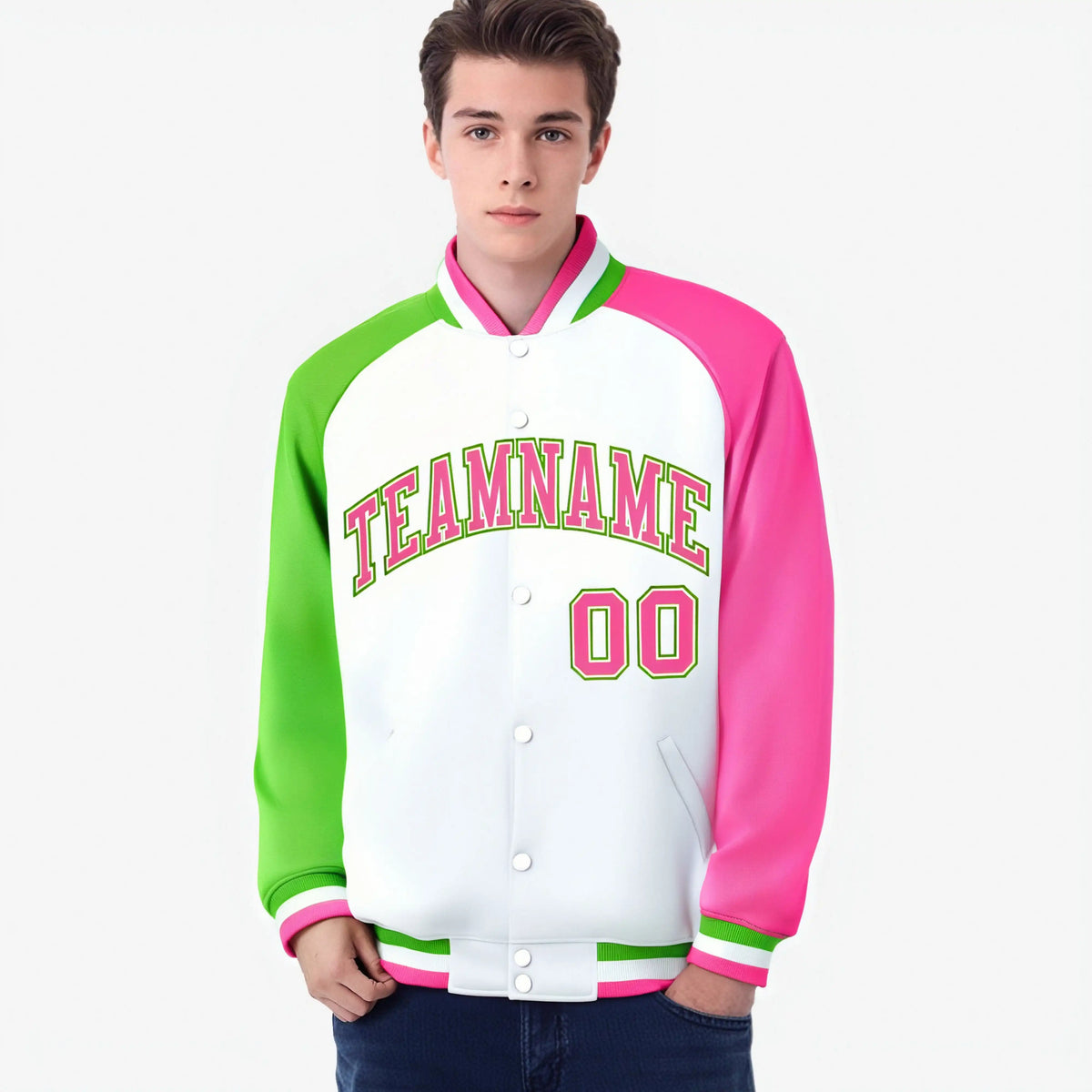 Custom White Pink-Neon Green Raglan Sleeves Varsity Full-Snap Letterman Jacket