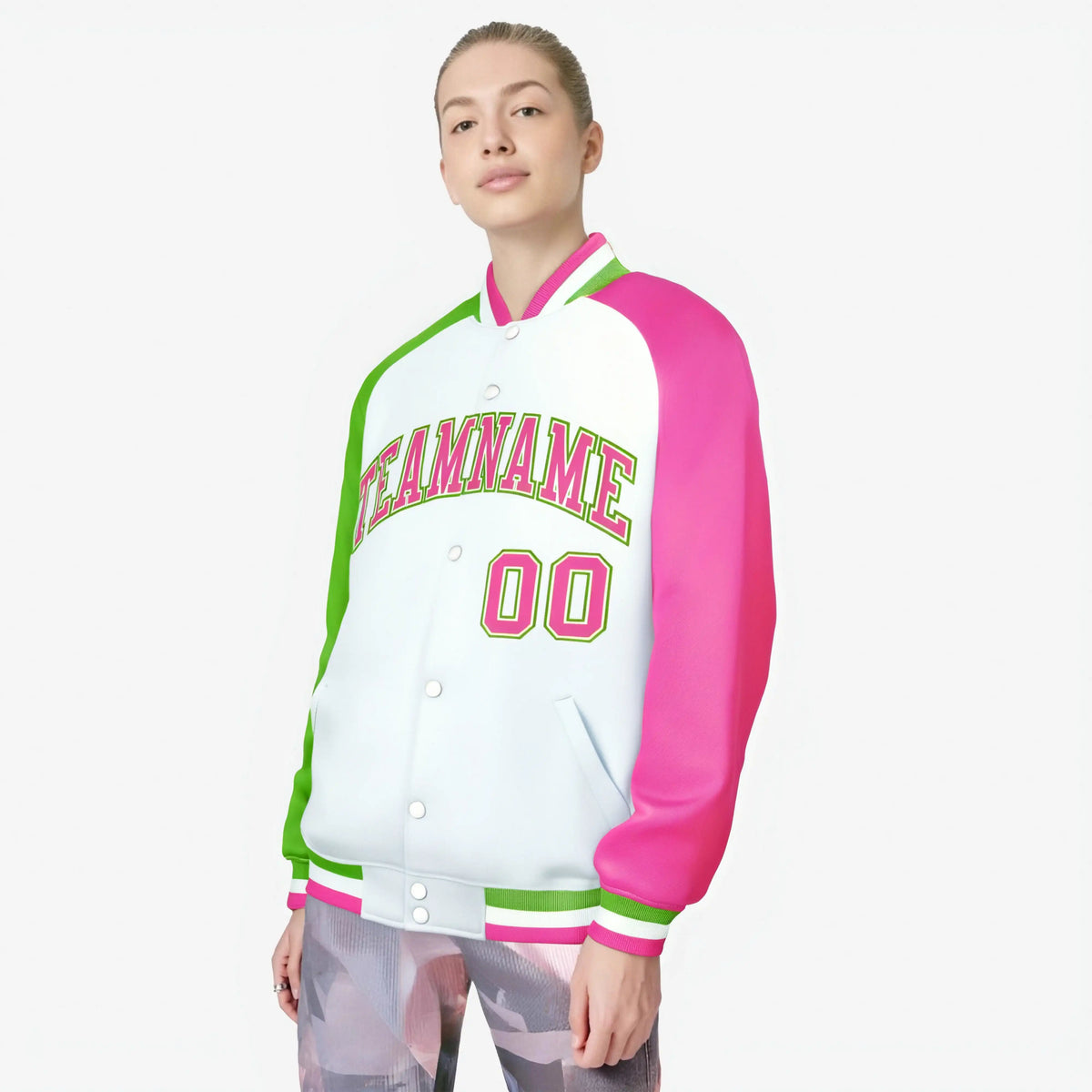 Custom White Pink-Neon Green Raglan Sleeves Varsity Full-Snap Letterman Jacket