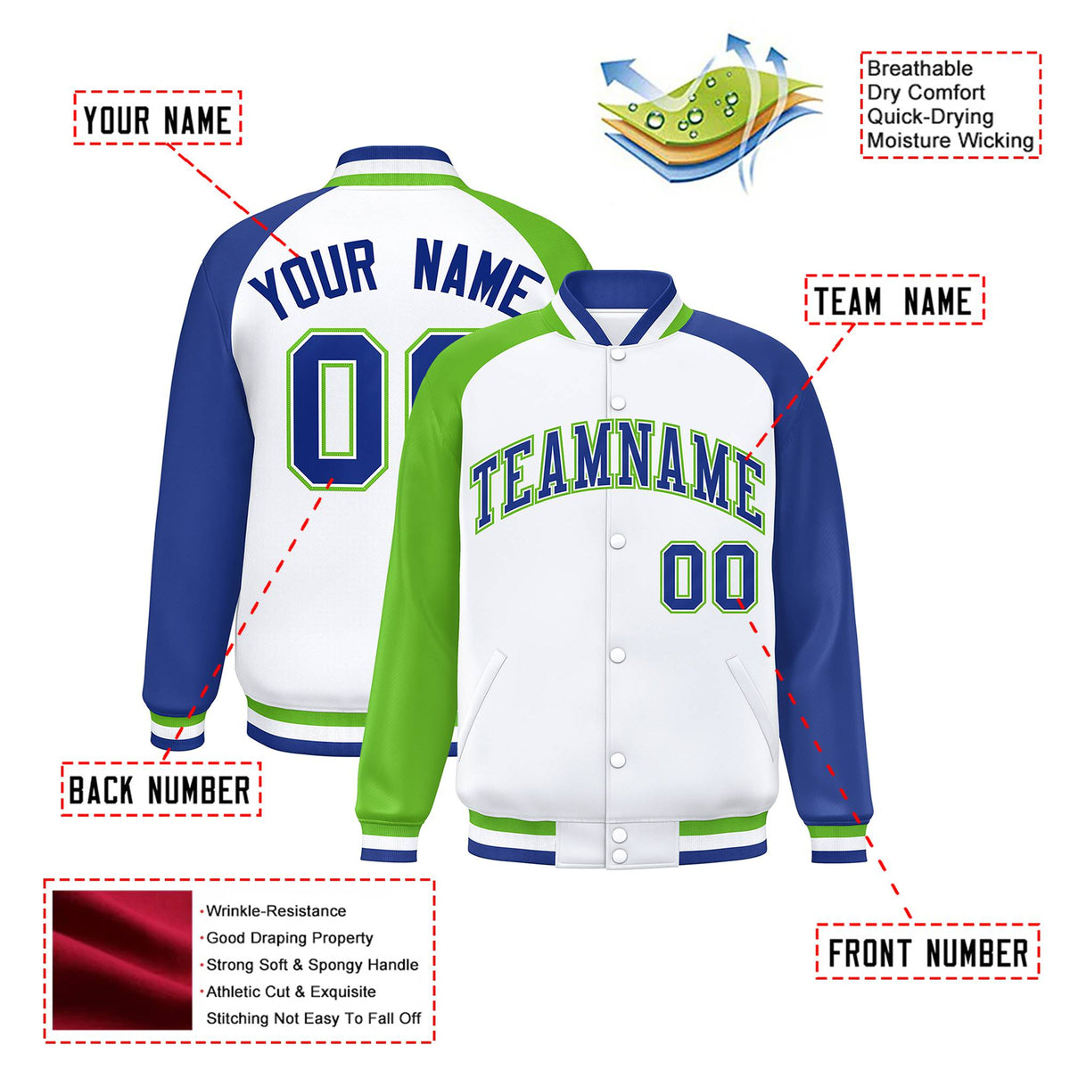 Custom White Royal Blue-Neon Green Raglan Sleeves Varsity Full-Snap Letterman Jacket