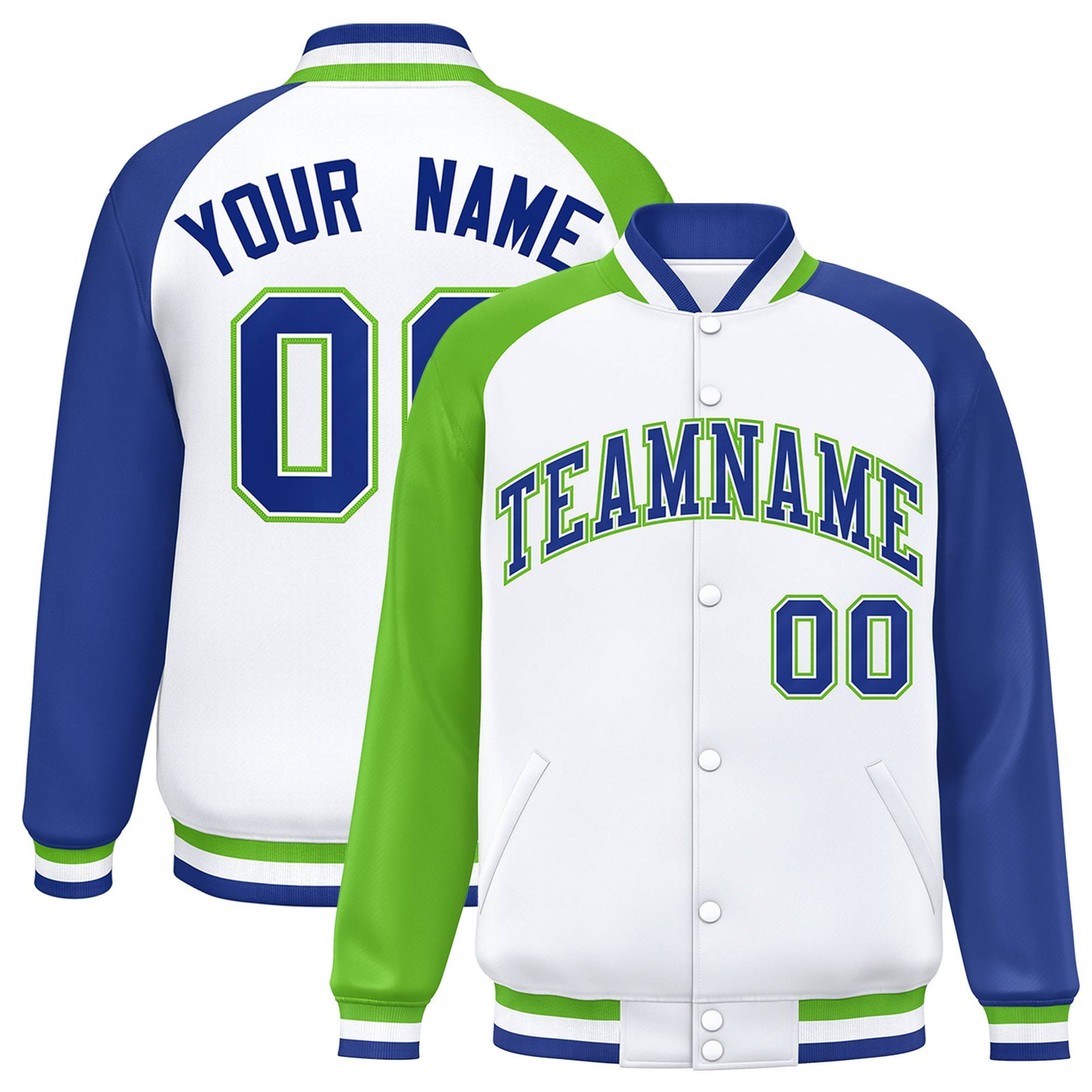 Custom White Royal Blue-Neon Green Raglan Sleeves Varsity Full-Snap Letterman Jacket