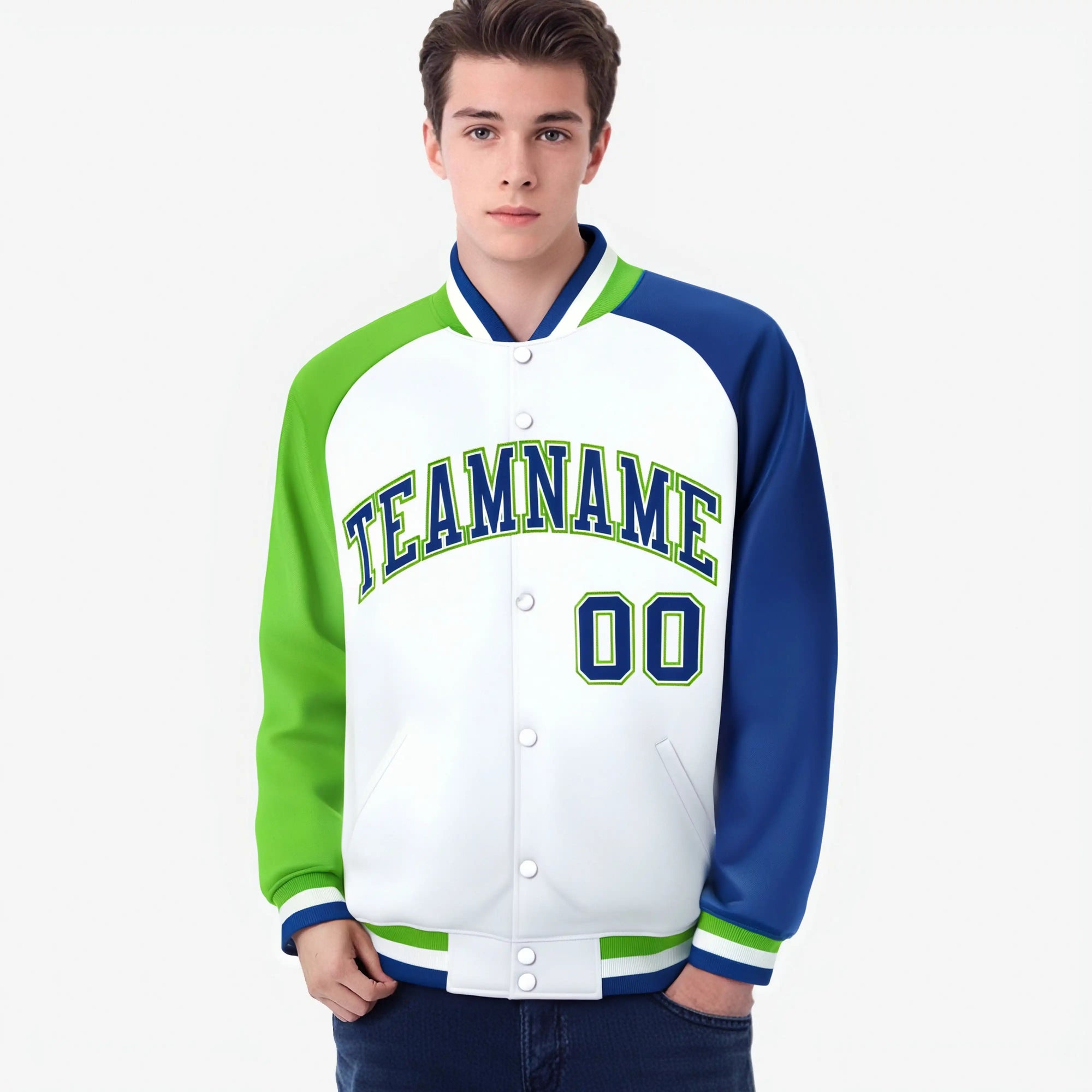 Custom White Royal Blue-Neon Green Raglan Sleeves Varsity Full-Snap Letterman Jacket