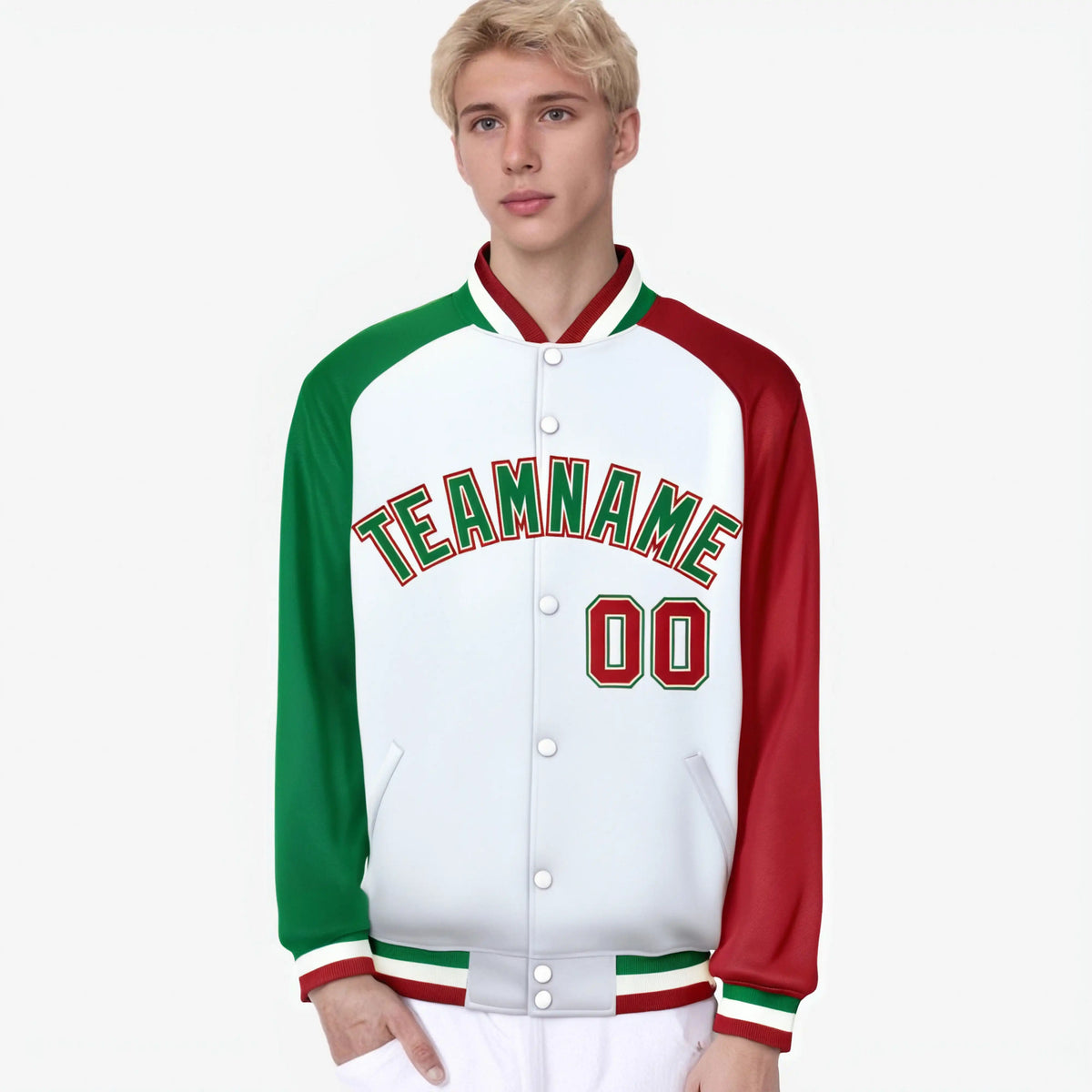 Custom White Red-Kelly Green Raglan Sleeves Varsity Full-Snap Letterman Jacket