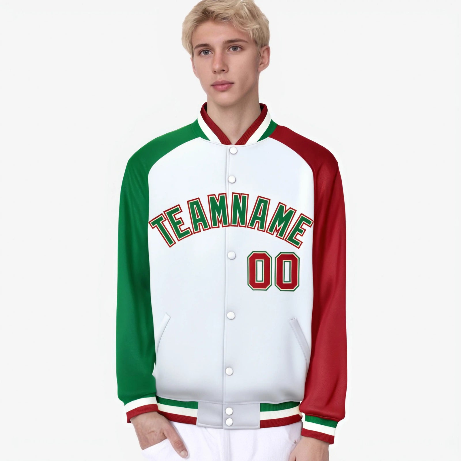 Custom White Red-Kelly Green Raglan Sleeves Varsity Full-Snap Letterman Jacket
