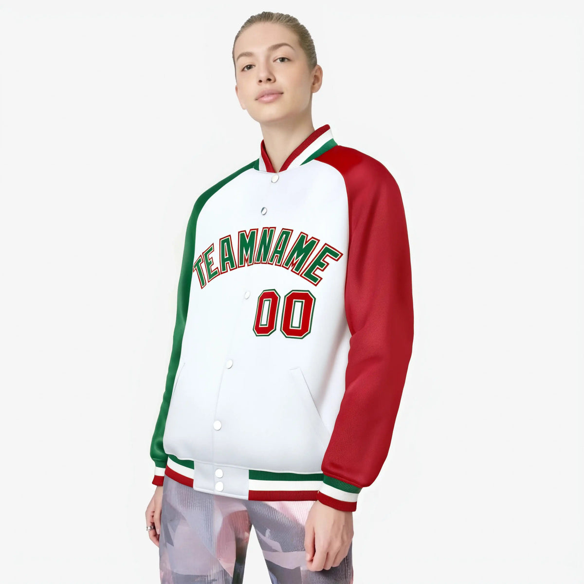 Custom White Red-Kelly Green Raglan Sleeves Varsity Full-Snap Letterman Jacket