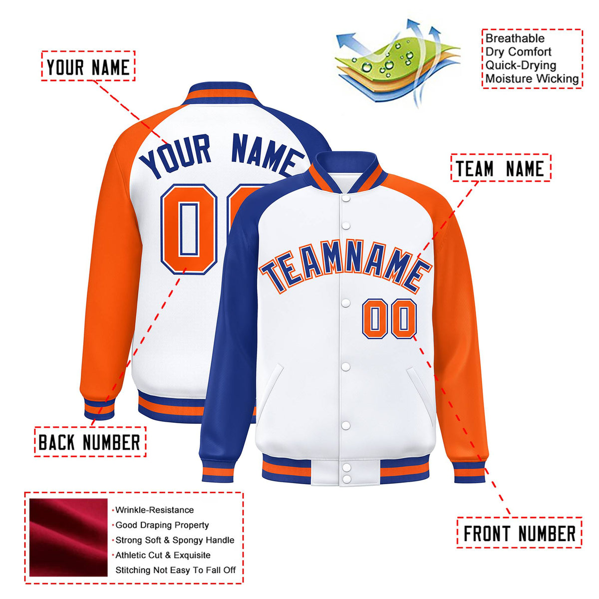 Custom White Orange-Royal Blue Raglan Sleeves Varsity Full-Snap Letterman Jacket