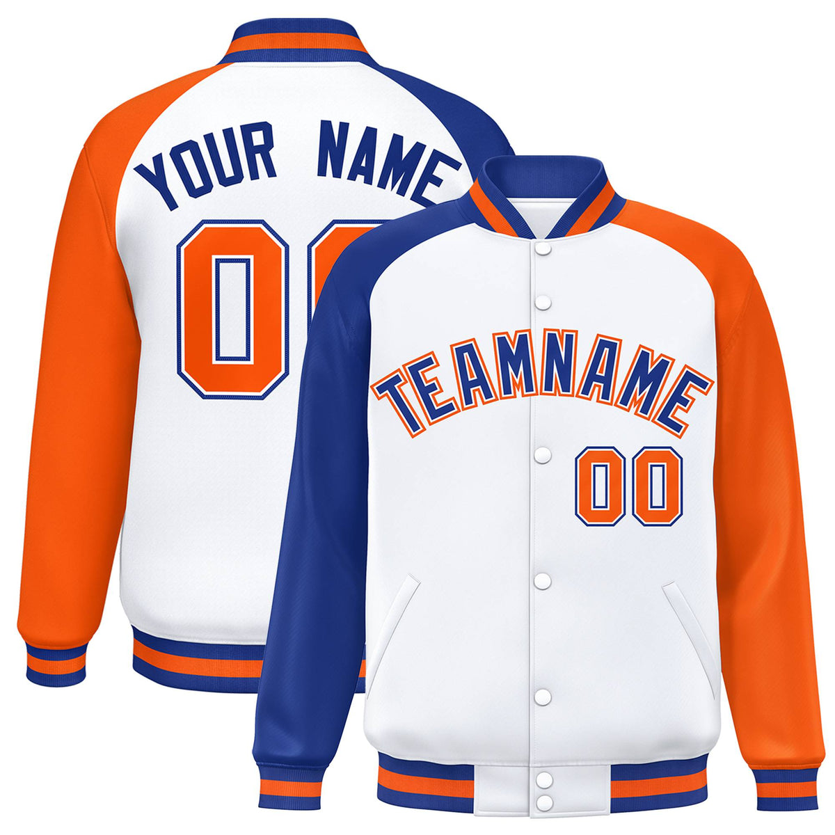 Custom White Orange-Royal Blue Raglan Sleeves Varsity Full-Snap Letterman Jacket