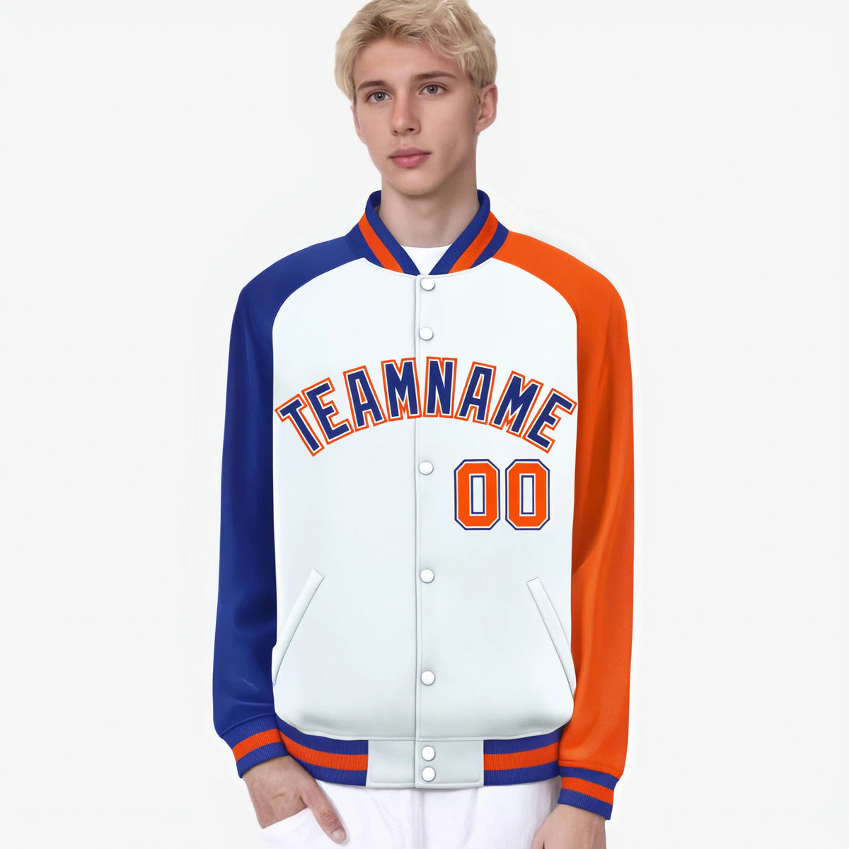Custom White Orange-Royal Blue Raglan Sleeves Varsity Full-Snap Letterman Jacket