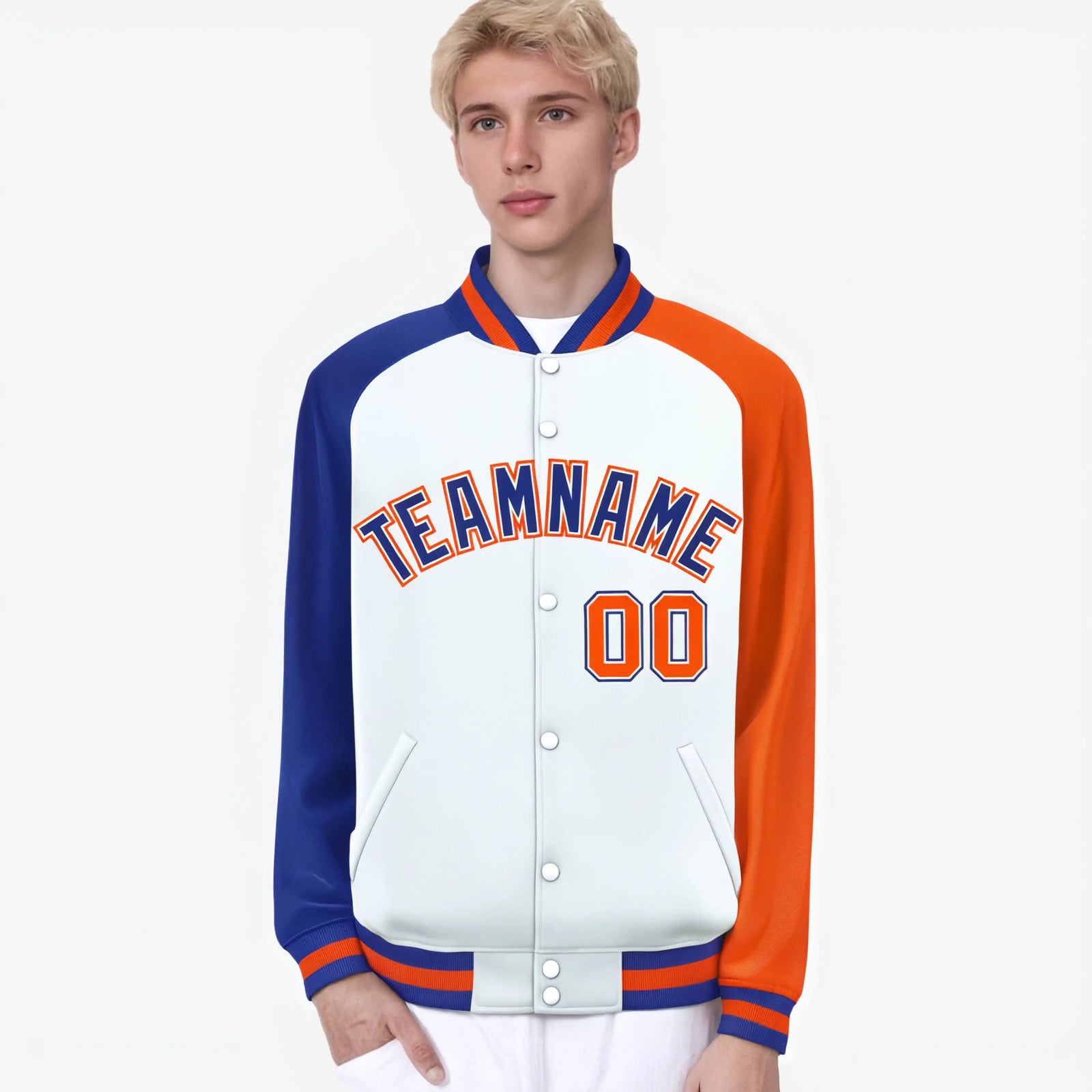 Custom White Orange-Royal Blue Raglan Sleeves Varsity Full-Snap Letterman Jacket