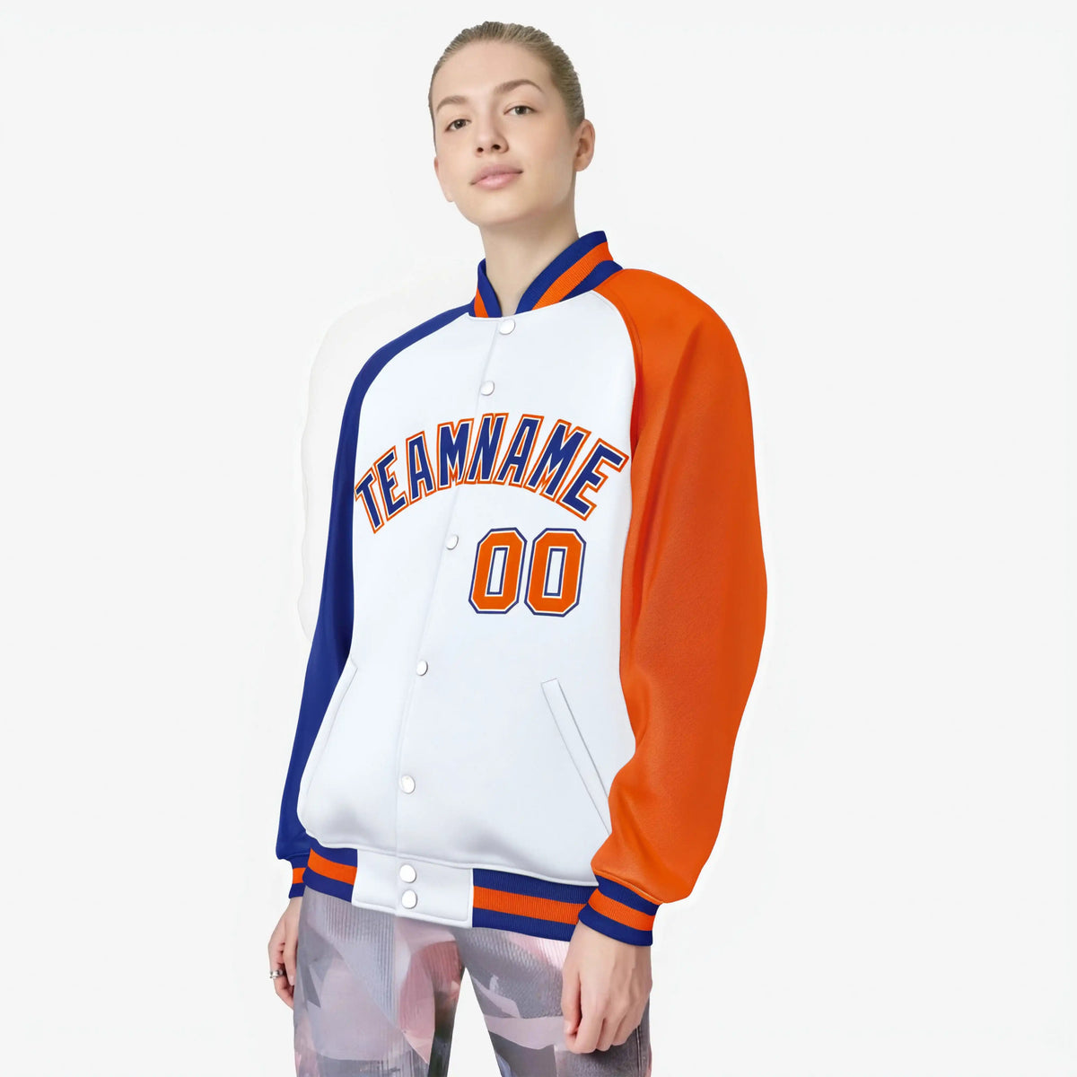 Custom White Orange-Royal Blue Raglan Sleeves Varsity Full-Snap Letterman Jacket
