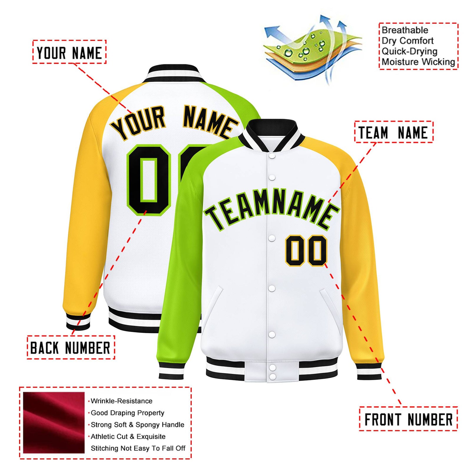 Custom White Gold-Neon Green Raglan Sleeves Varsity Full-Snap Letterman Jacket