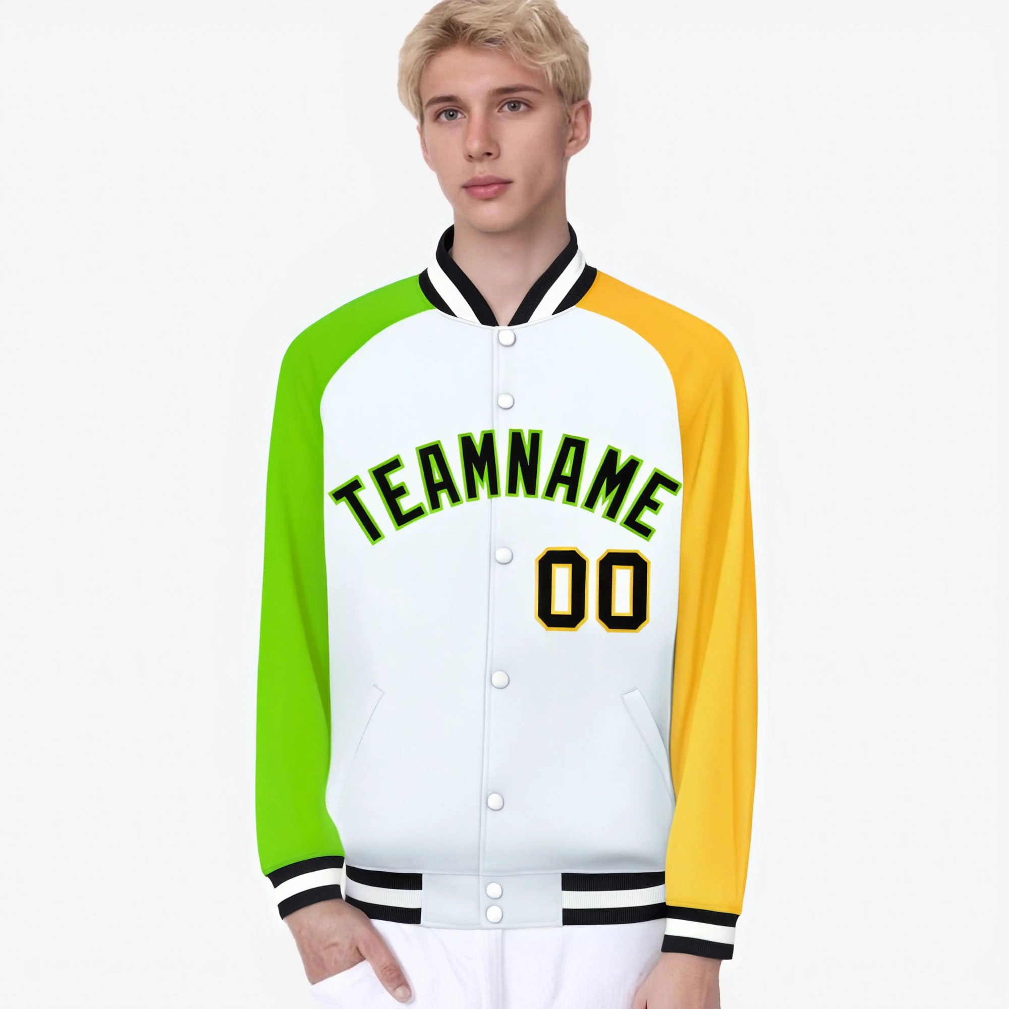 Custom White Gold-Neon Green Raglan Sleeves Varsity Full-Snap Letterman Jacket
