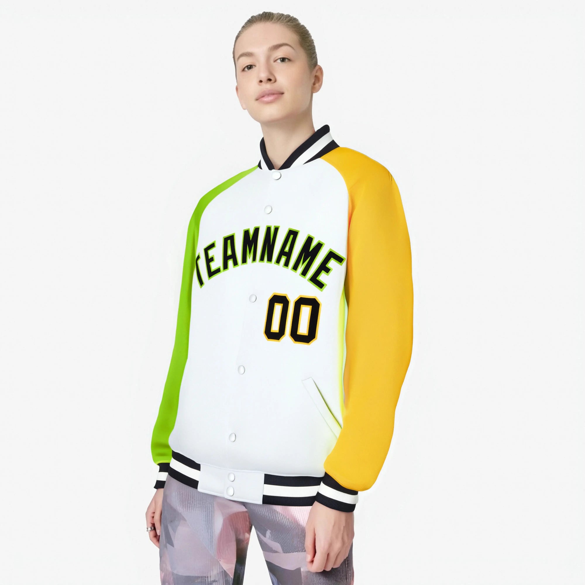 Custom White Gold-Neon Green Raglan Sleeves Varsity Full-Snap Letterman Jacket