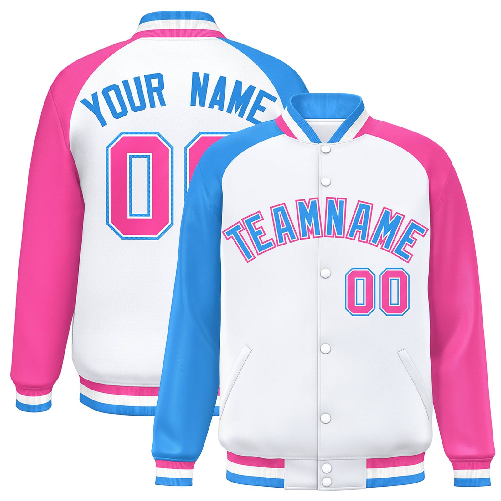 Custom White Pink-Powder Blue Raglan Sleeves Varsity Full-Snap Letterman Jacket