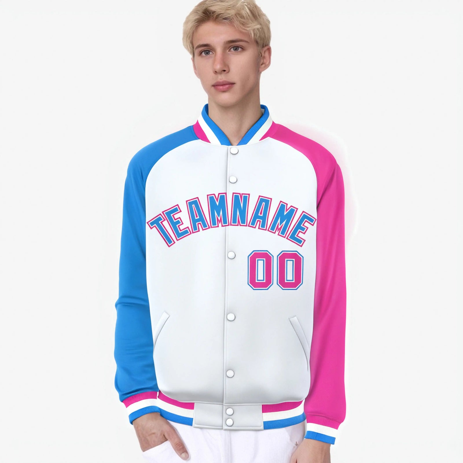 Custom White Pink-Powder Blue Raglan Sleeves Varsity Full-Snap Letterman Jacket
