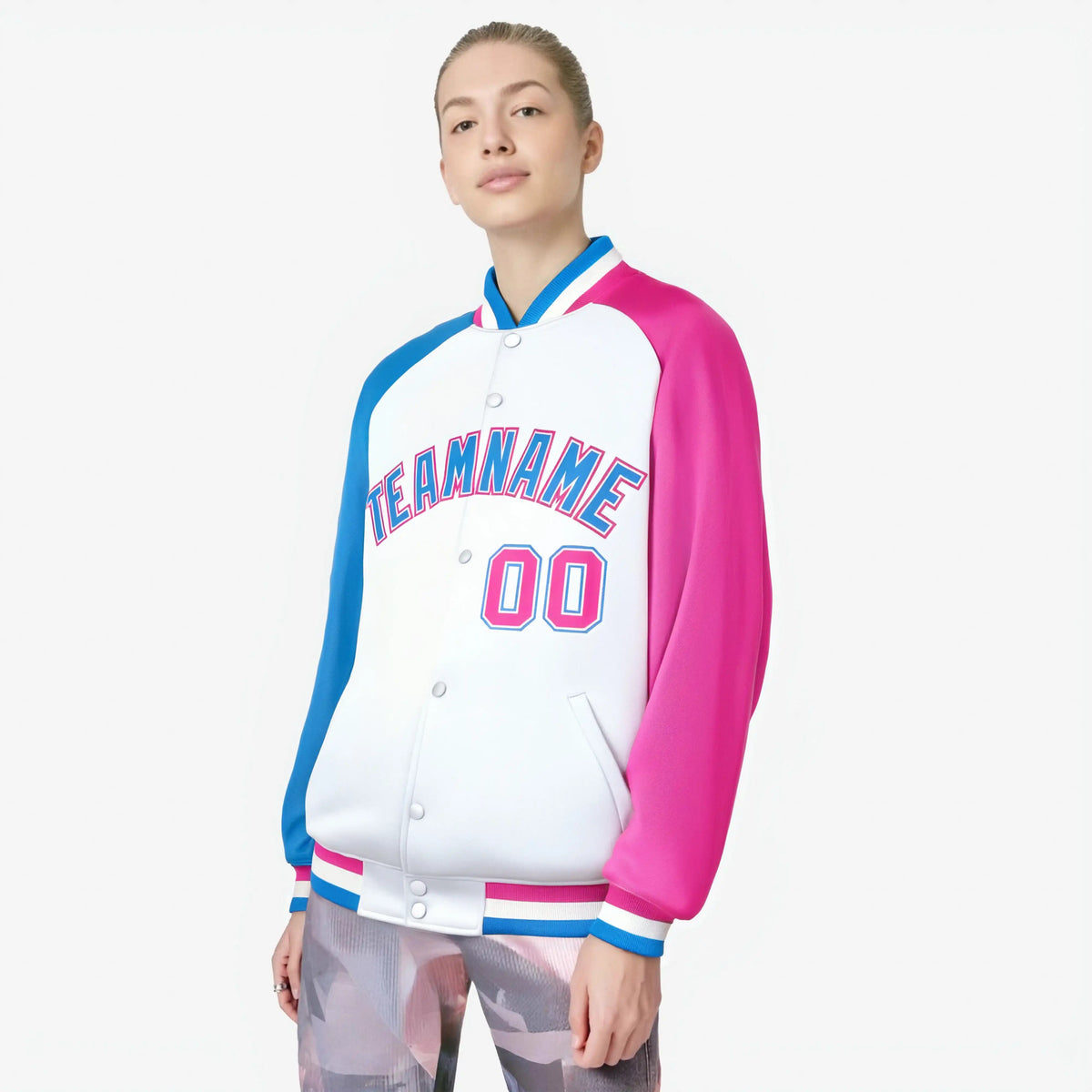 Custom White Pink-Powder Blue Raglan Sleeves Varsity Full-Snap Letterman Jacket