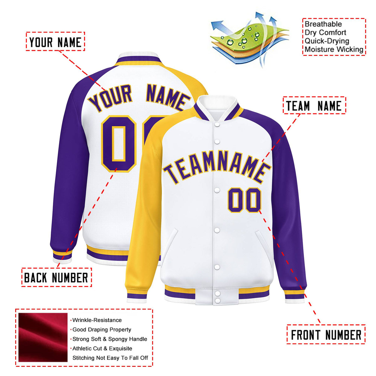 Custom White Purple-Gold Raglan Sleeves Varsity Full-Snap Letterman Jacket
