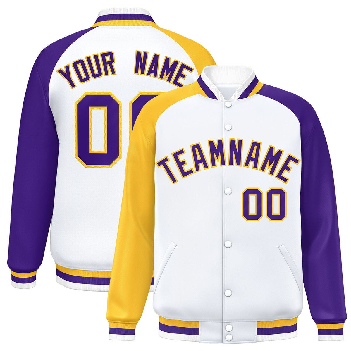 Custom White Purple-Gold Raglan Sleeves Varsity Full-Snap Letterman Jacket