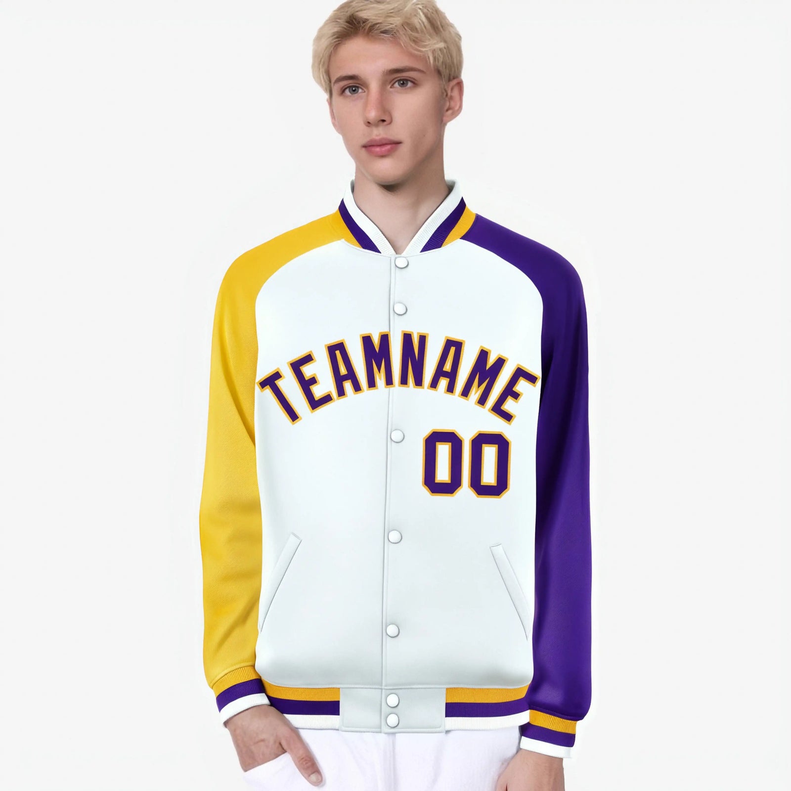 Custom White Purple-Gold Raglan Sleeves Varsity Full-Snap Letterman Jacket