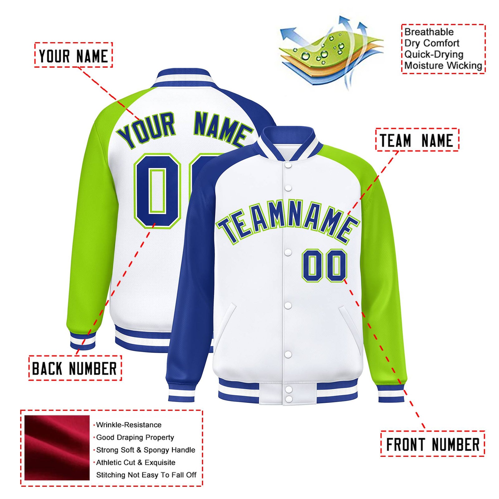 Custom White Neon Green-Royal Blue Raglan Sleeves Varsity Full-Snap Letterman Jacket